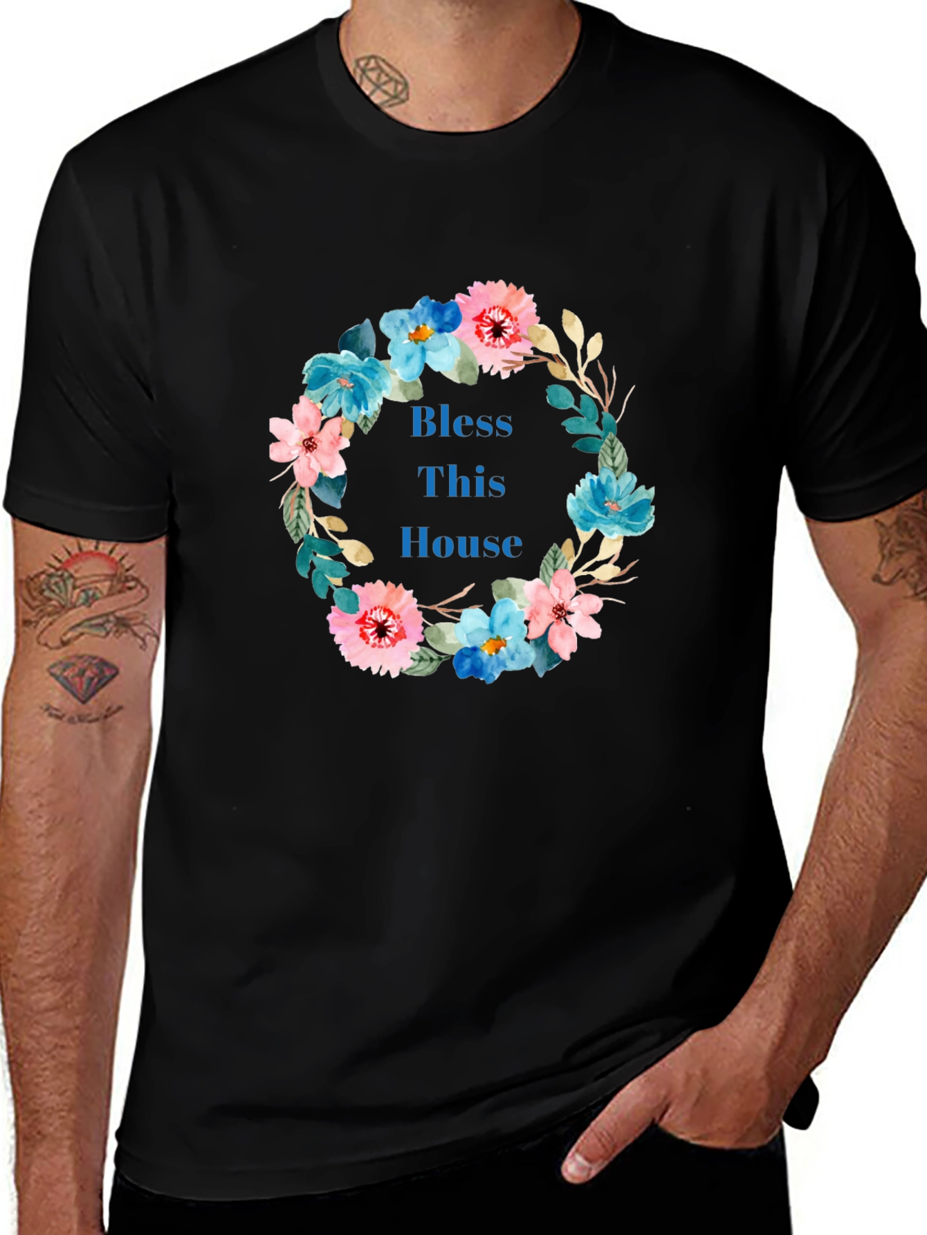 Variant 16 of Bless This House Floral Wreath Black T-Shirt