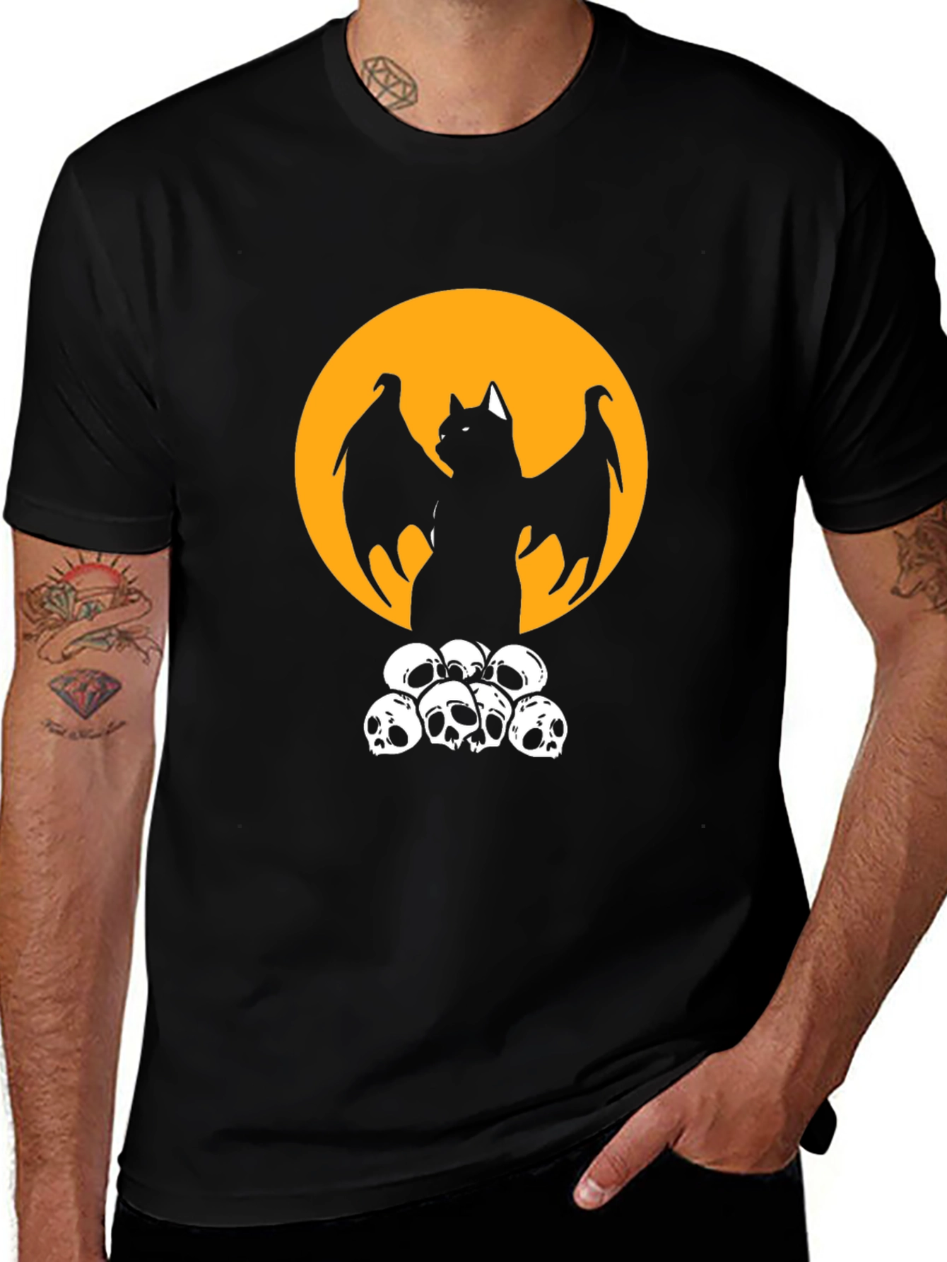 Halloween Bat Cat Skull Pile Black T-Shirt
