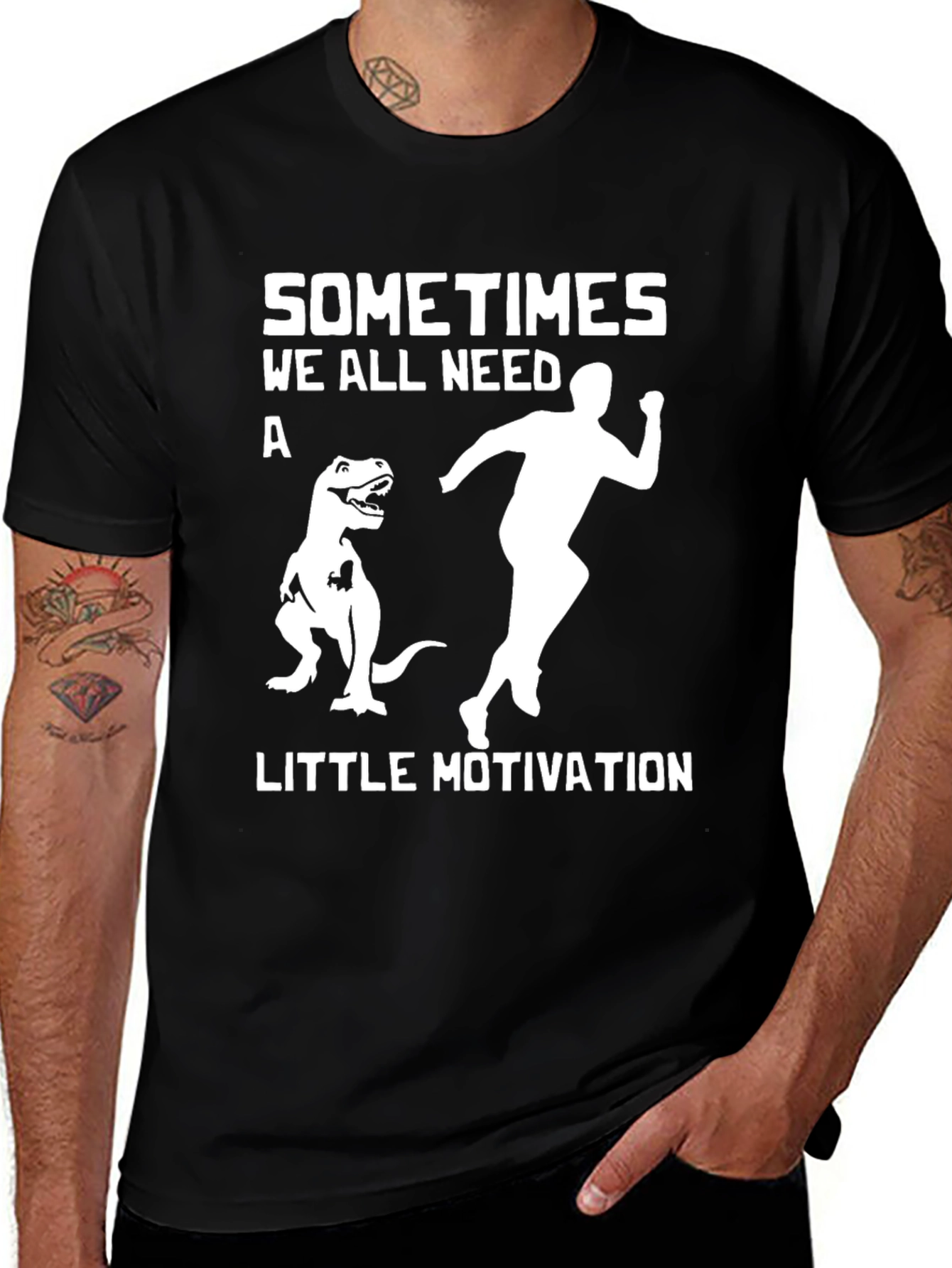 Variant 30 of Motivational Dinosaur Chasing Man Black T-Shirt