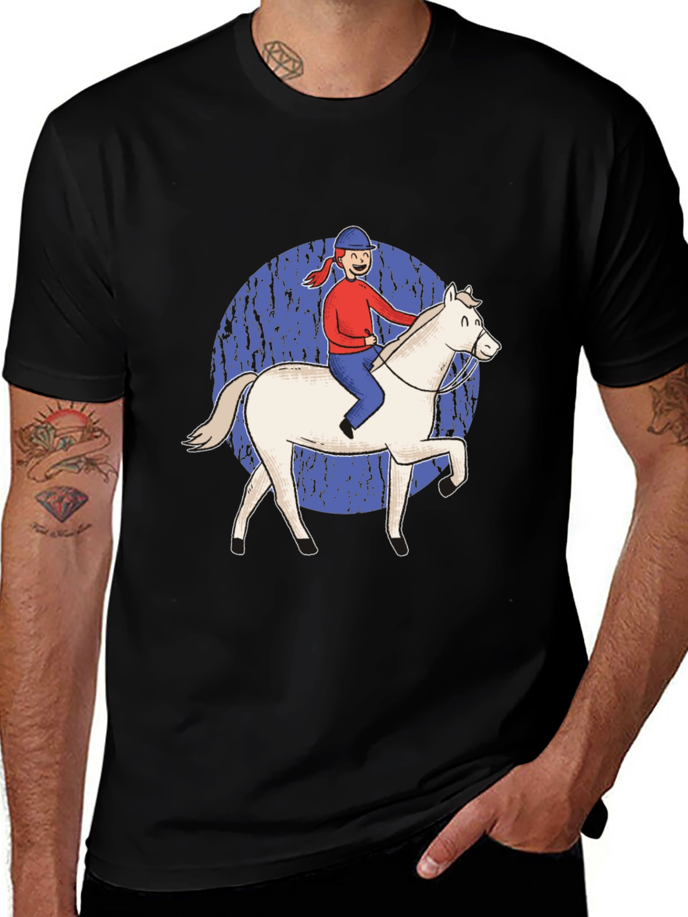 Camiseta Negra con Dibujo de Jinete y Caballo
