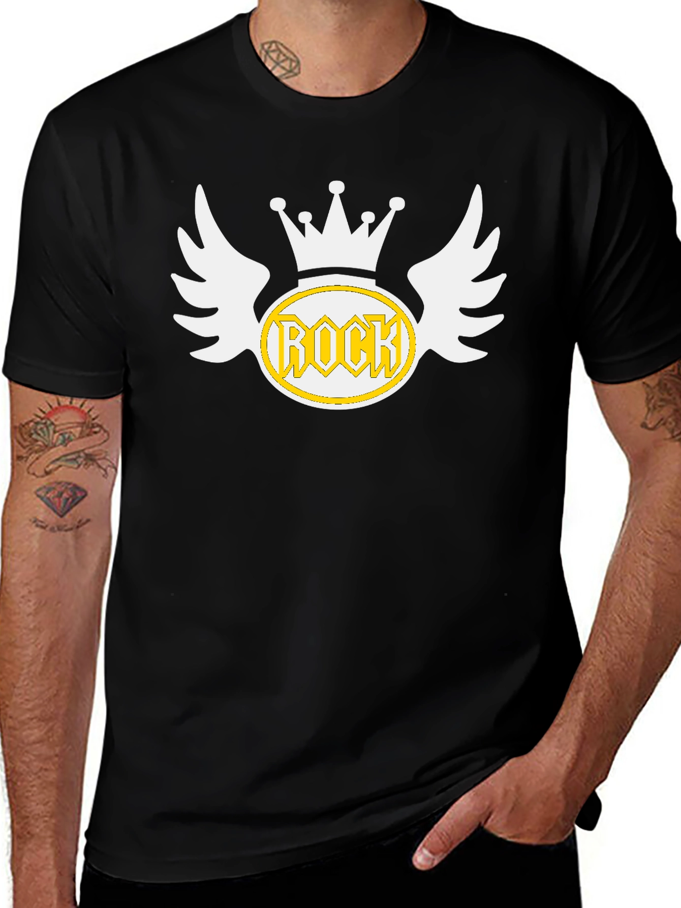 Variant 4 of Rock Music Graphic T-Shirt - Crown & Wings Design
