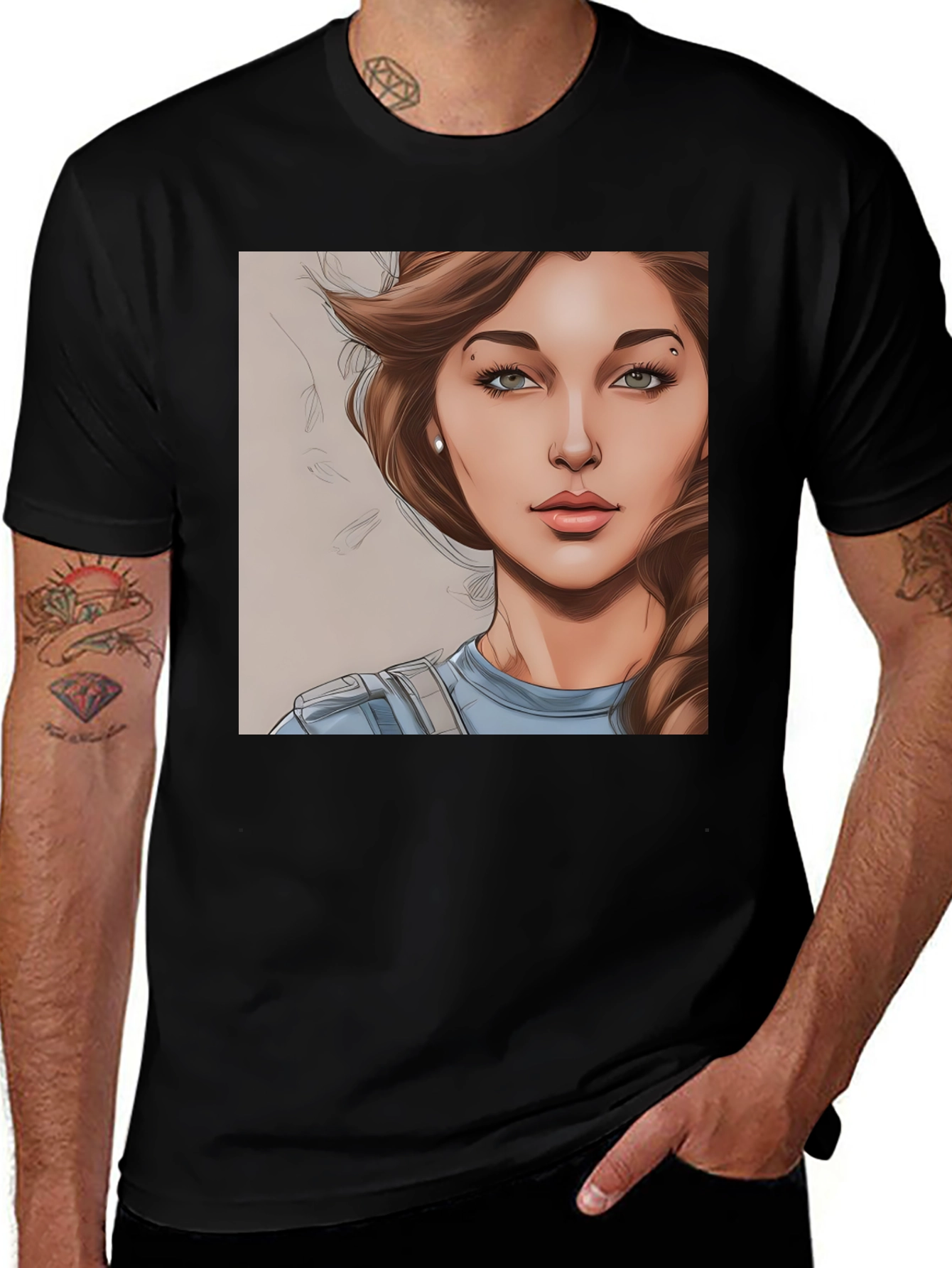 Variant 26 of Woman Cartoon Portrait Black T-Shirt