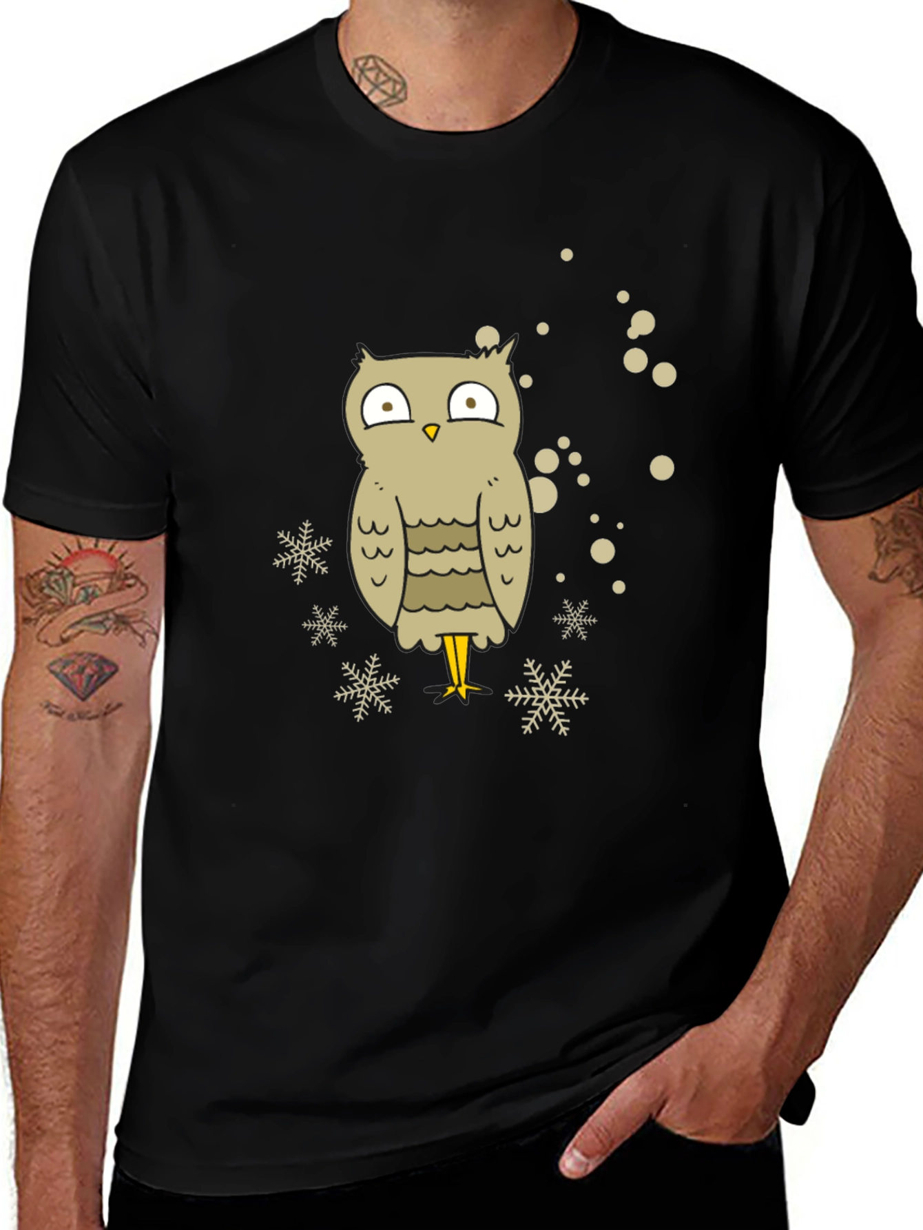 Variant 25 of Owl Snowflake Graphic Tee - Black Cotton Blend