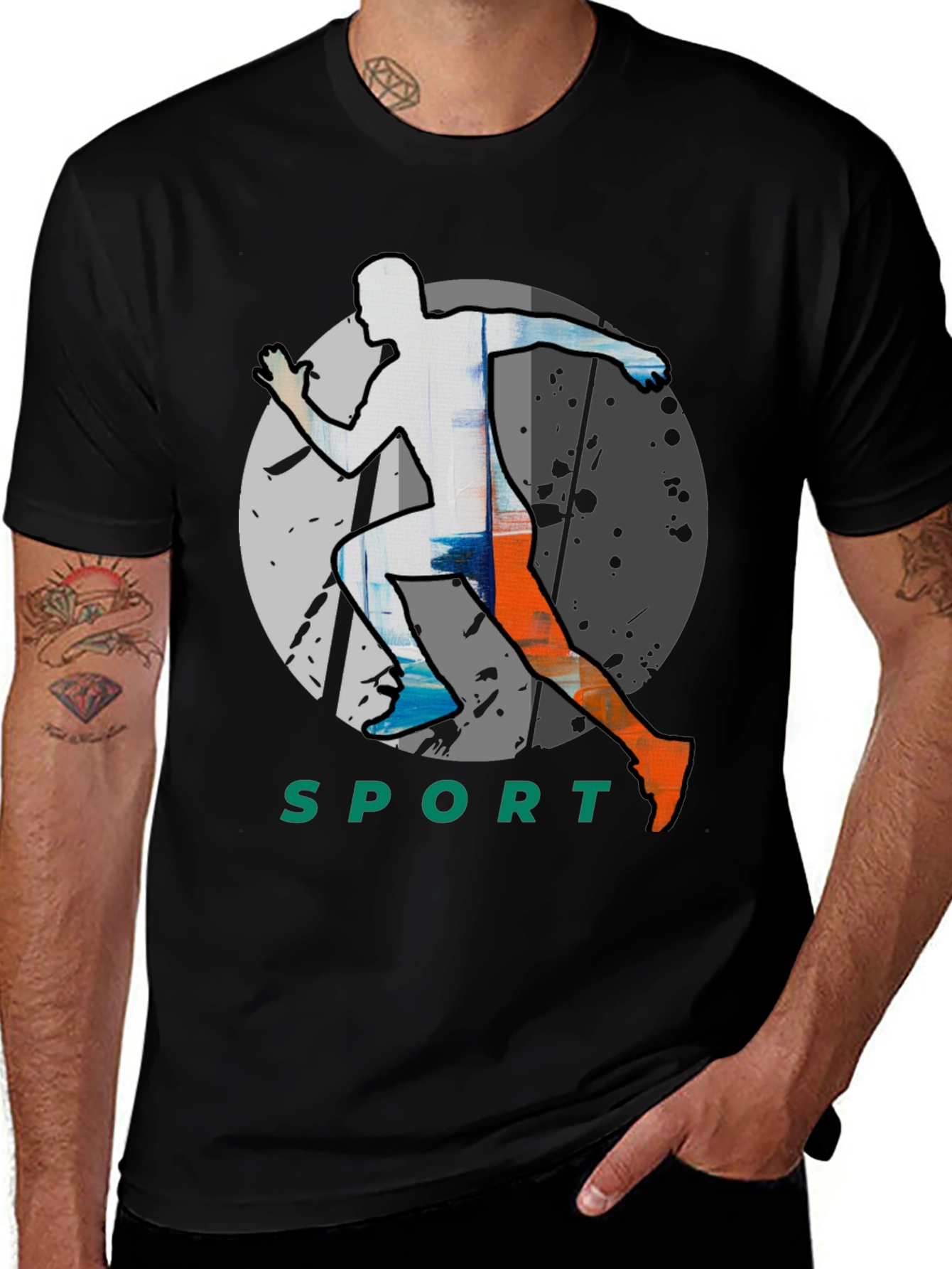Men's Black Graphic Tee - Sport Runner Design