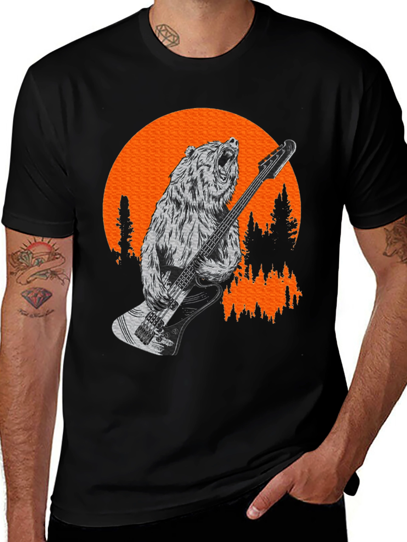 Bear Playing Bass T-Shirt - Black Tee