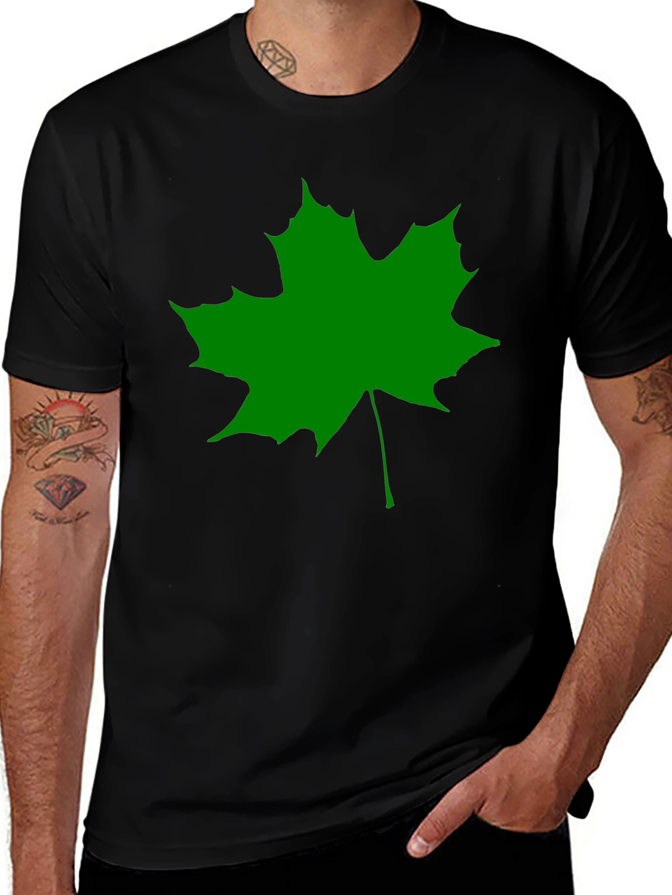Green Maple Leaf Black T-Shirt