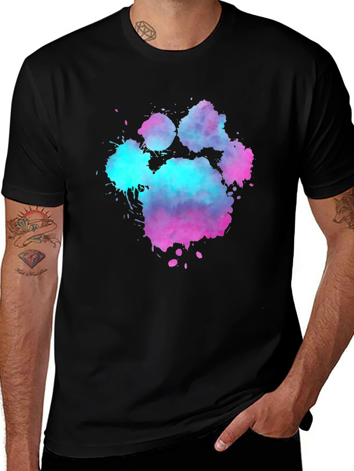 Variant 8 of Watercolor Paw Print Graphic Tee - Black Cotton Blend