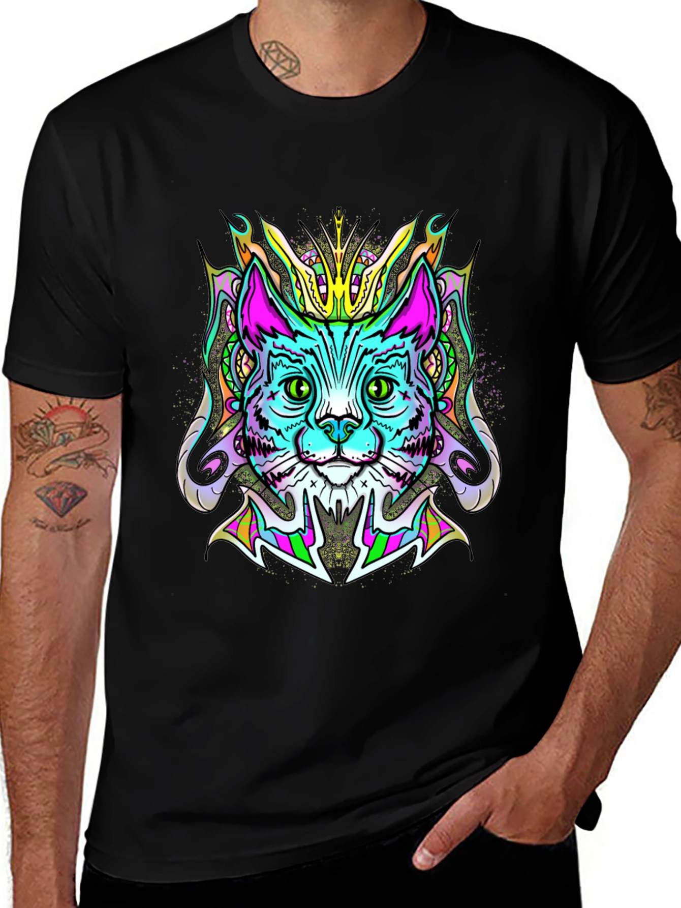 Psychedelic Cat Graphic Tee - Black T-Shirt