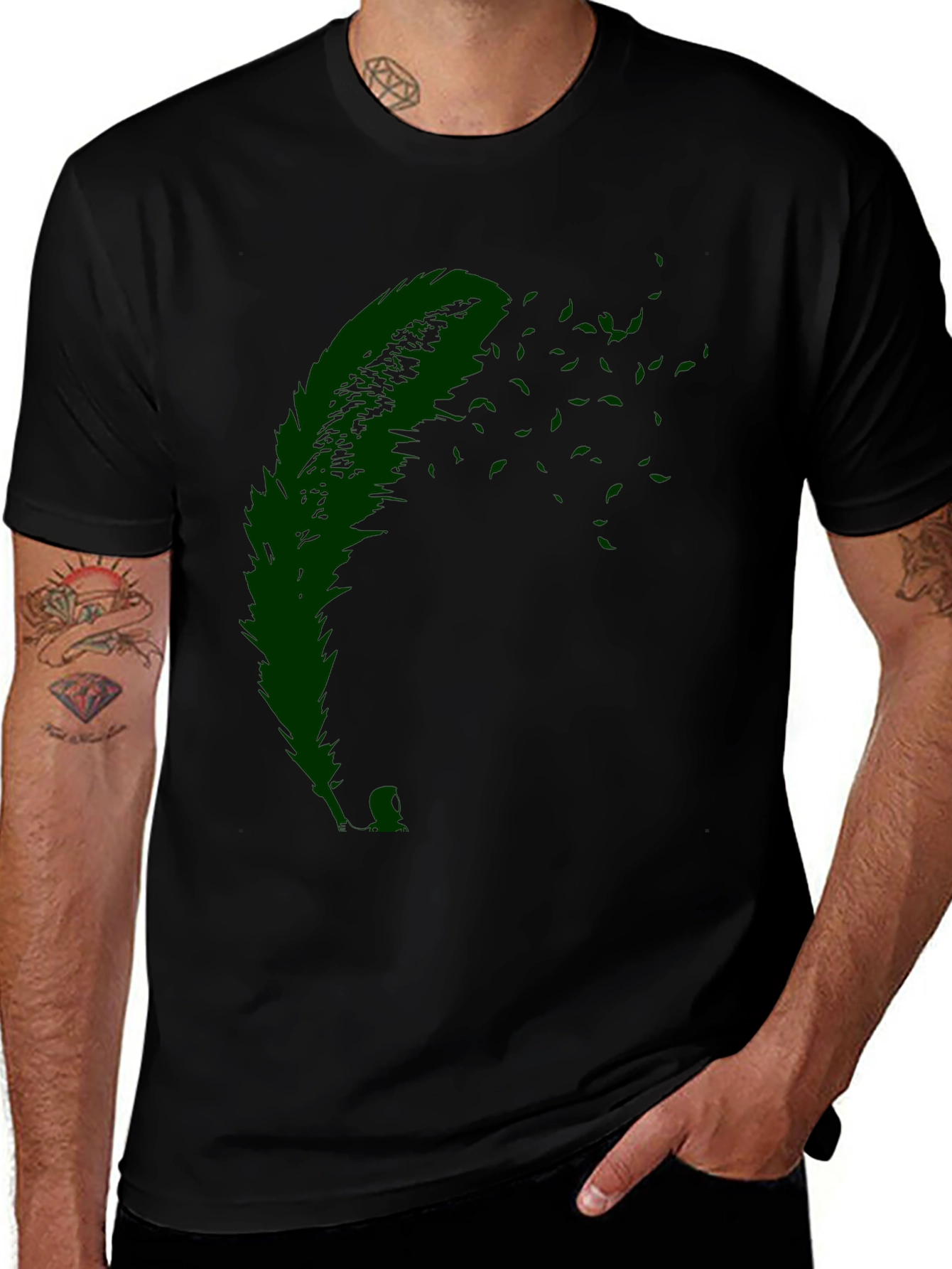 Variant 26 of Black T-Shirt with Green Feather Design