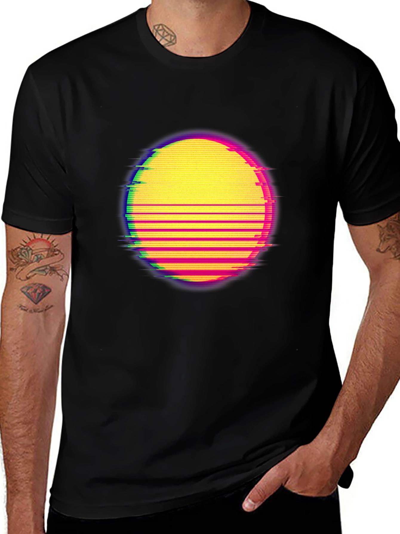 Variant 26 of Retro Glitch Sun Graphic Tee - Black