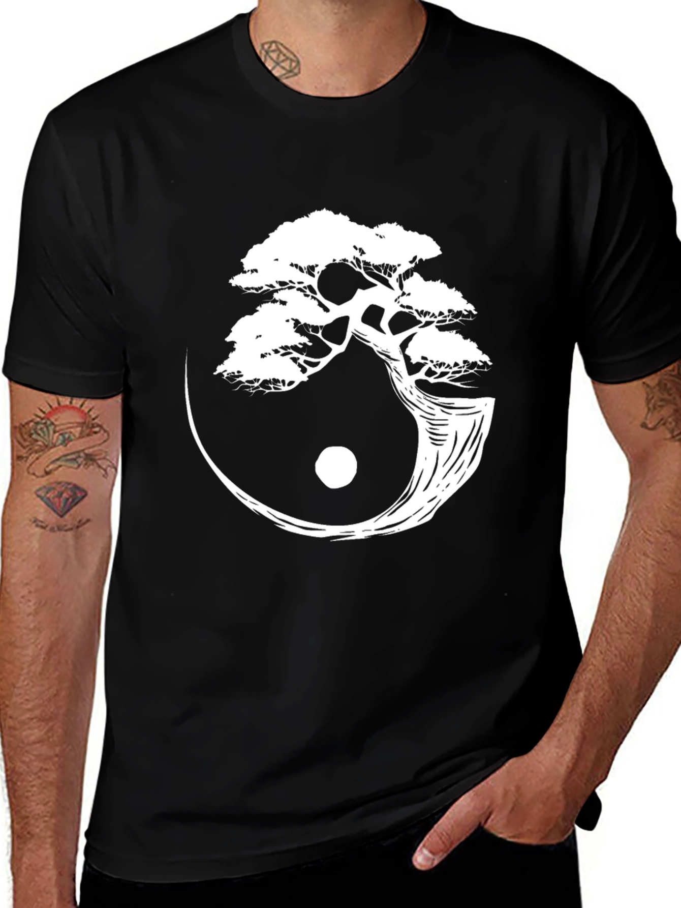 Variant 3 of Yin Yang Bonsai Tree Graphic Tee - Stylish Men's Black T-Shirt