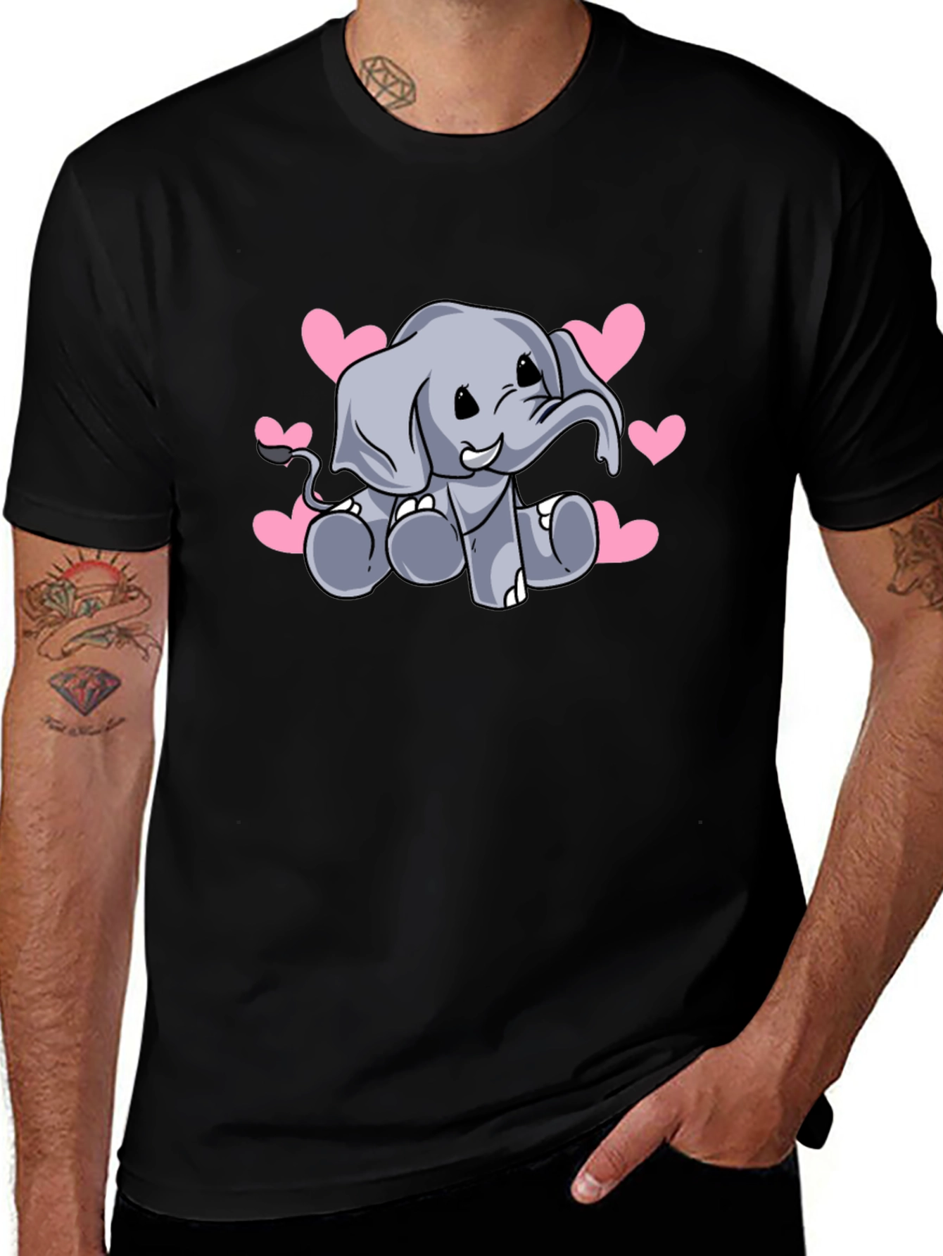 Variant 17 of Cute Elephant & Hearts Graphic T-Shirt - Black
