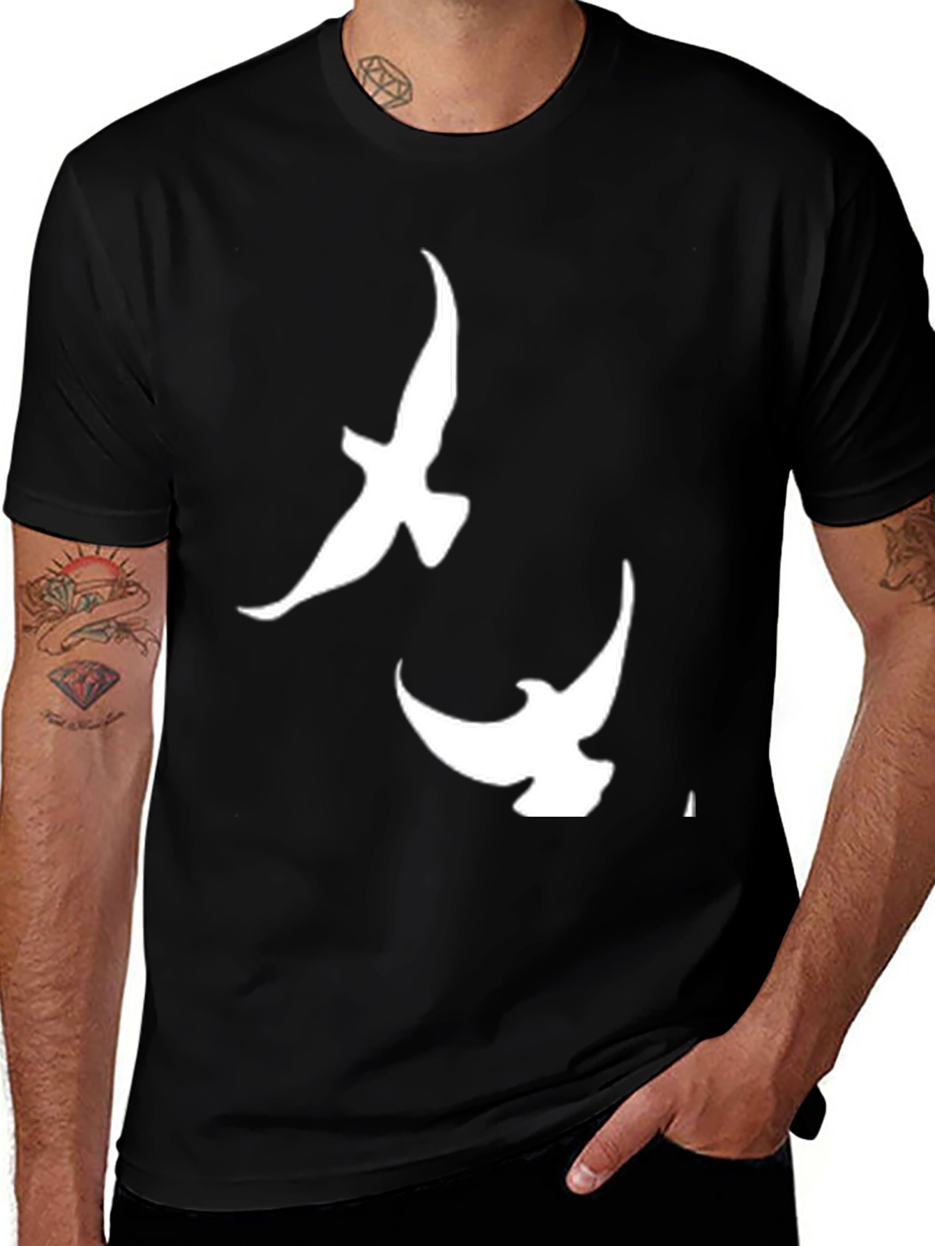 Variant 29 of Men's Black T-shirt with White Dove Design