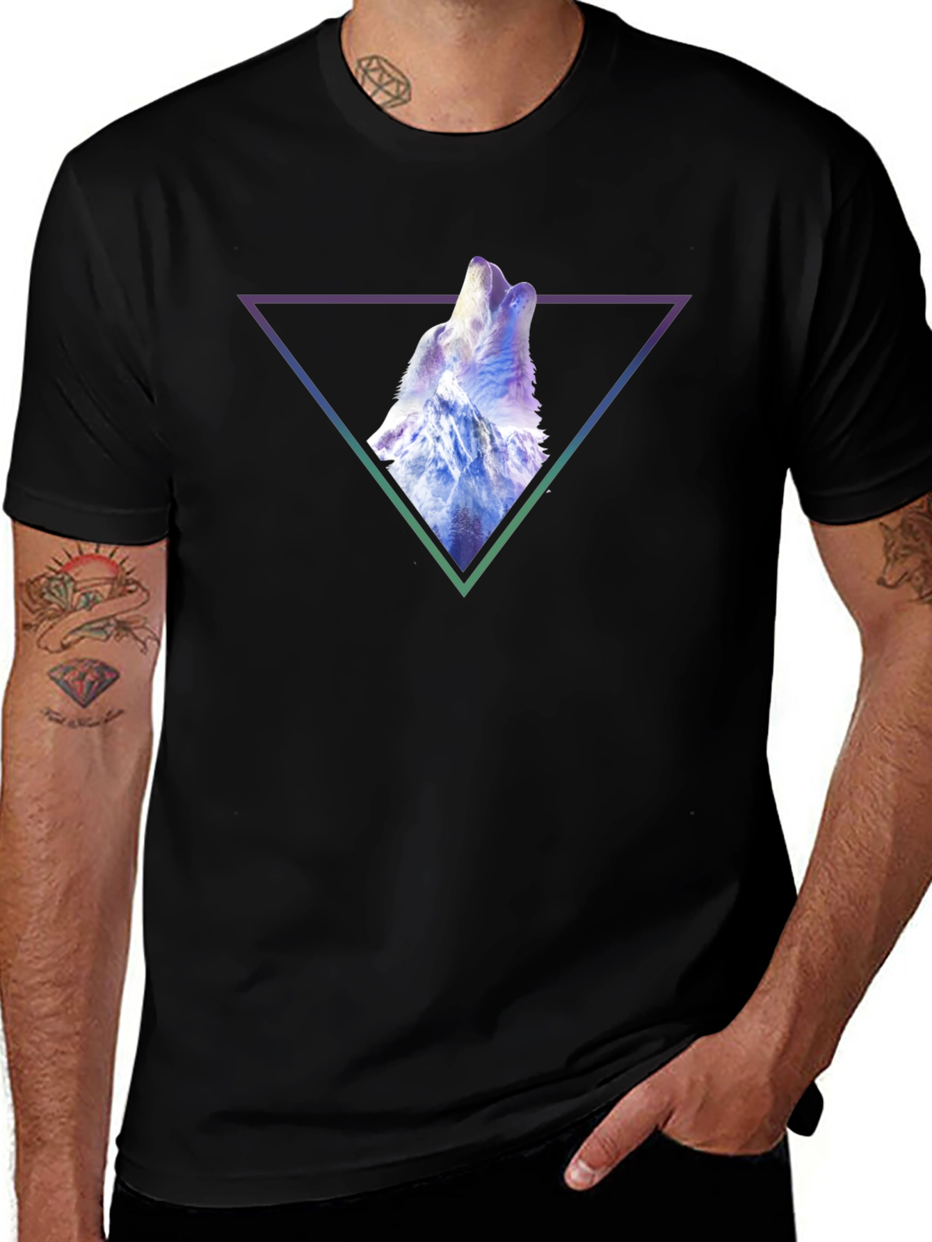 Variant 14 of Wolf Triangle Graphic Print Black T-Shirt