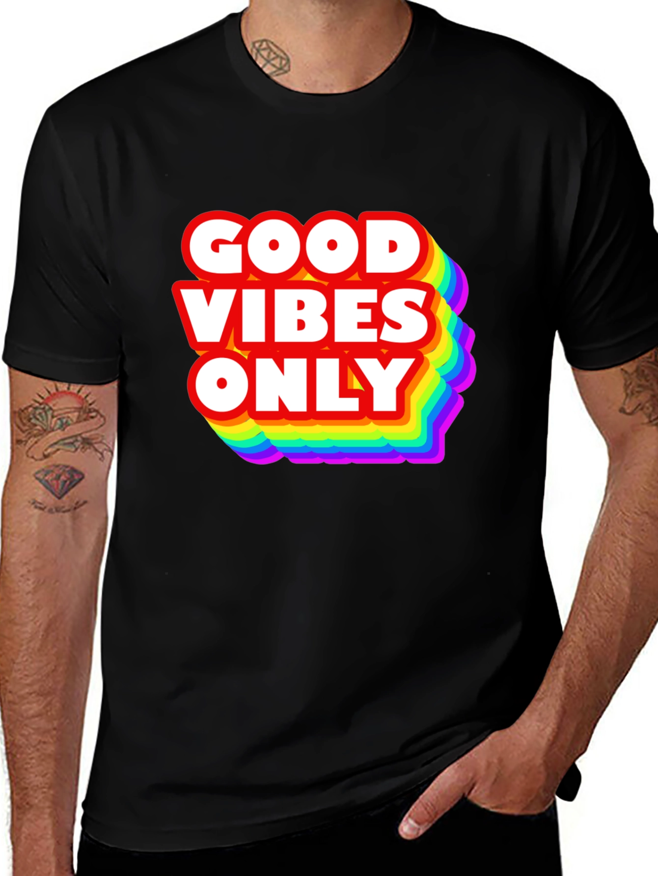 Variant 30 of Good Vibes Only Graphic Tee - Rainbow Text Black T-Shirt