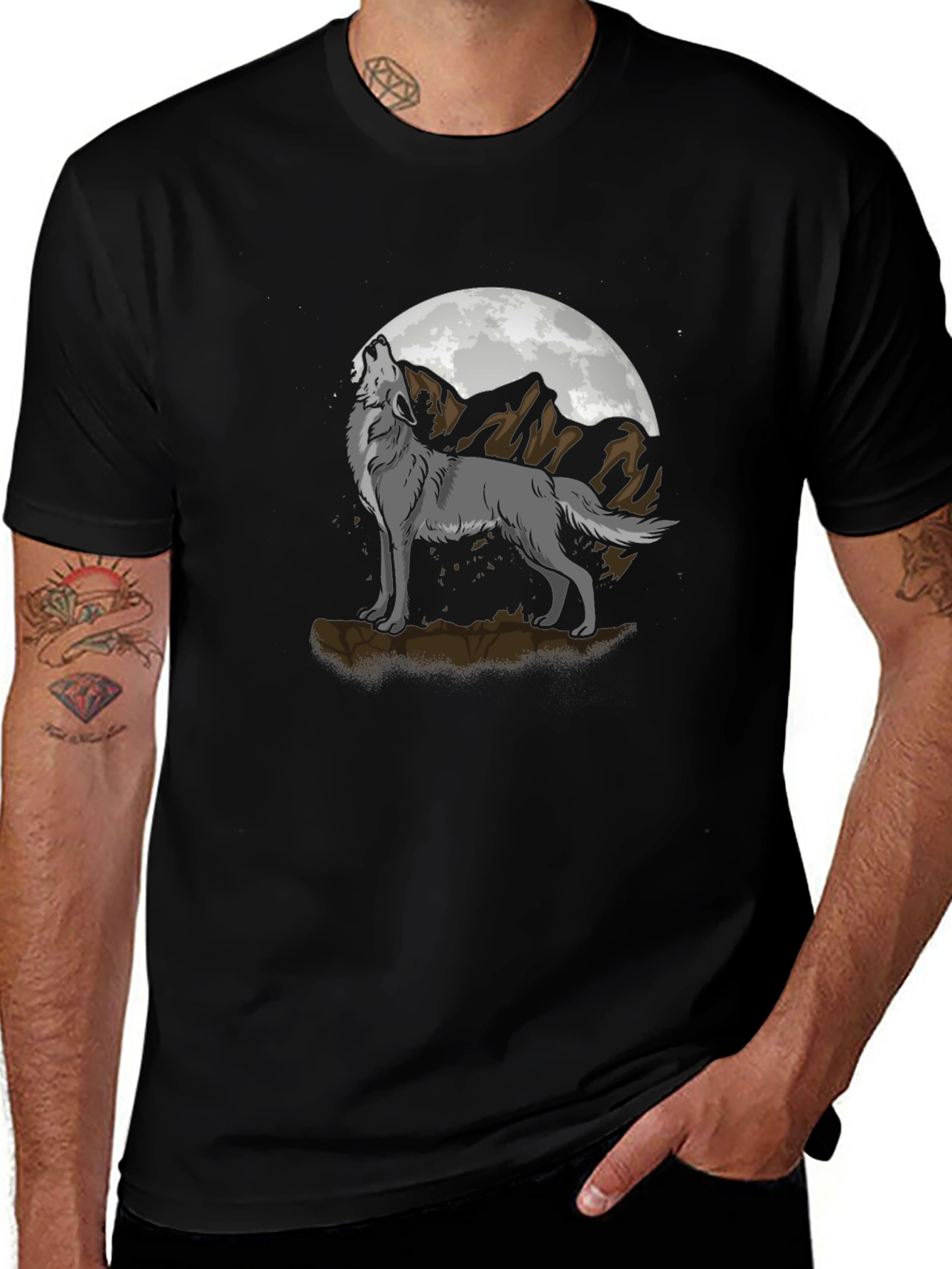 Variant 27 of Wolf Howling at Moon Graphic Tee - Black