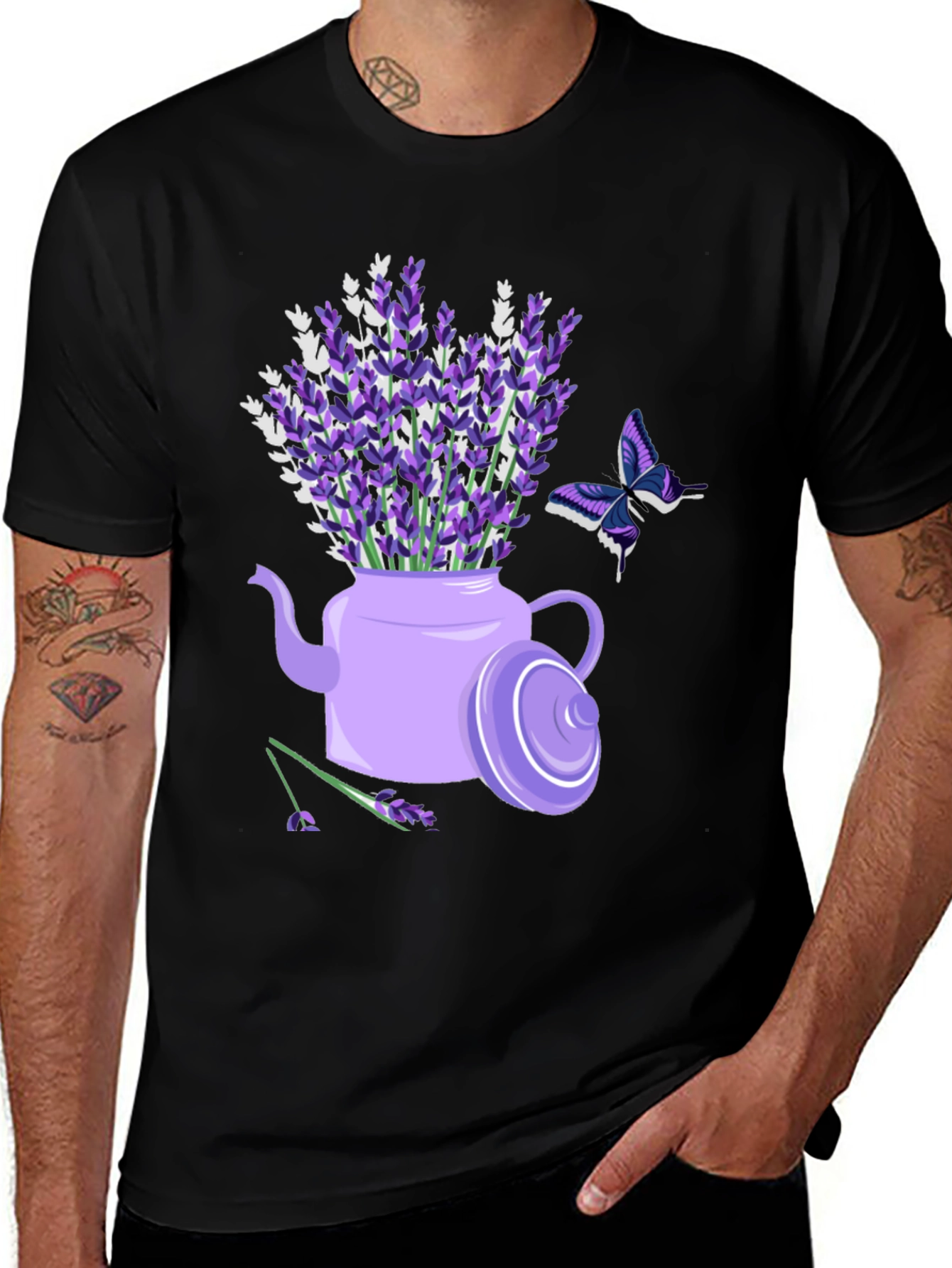 Lavender Teapot T-Shirt: Floral Butterfly Design