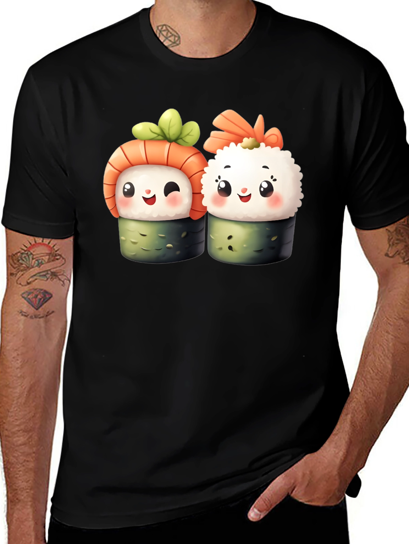 Variant 24 of Cute Sushi Graphic Tee - Black Cotton T-Shirt