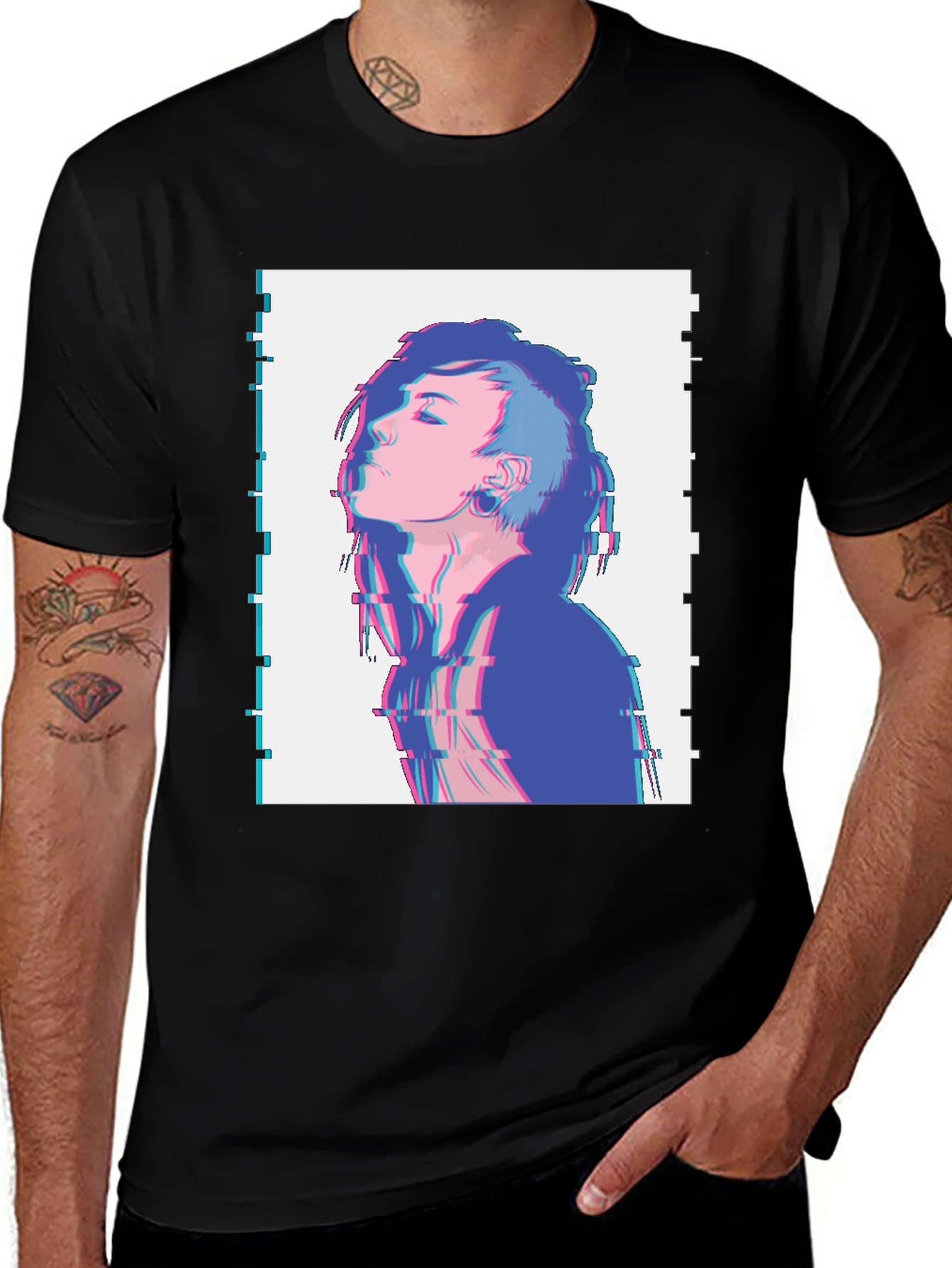 Variant 20 of Glitch Art Anime Graphic T-Shirt - Black