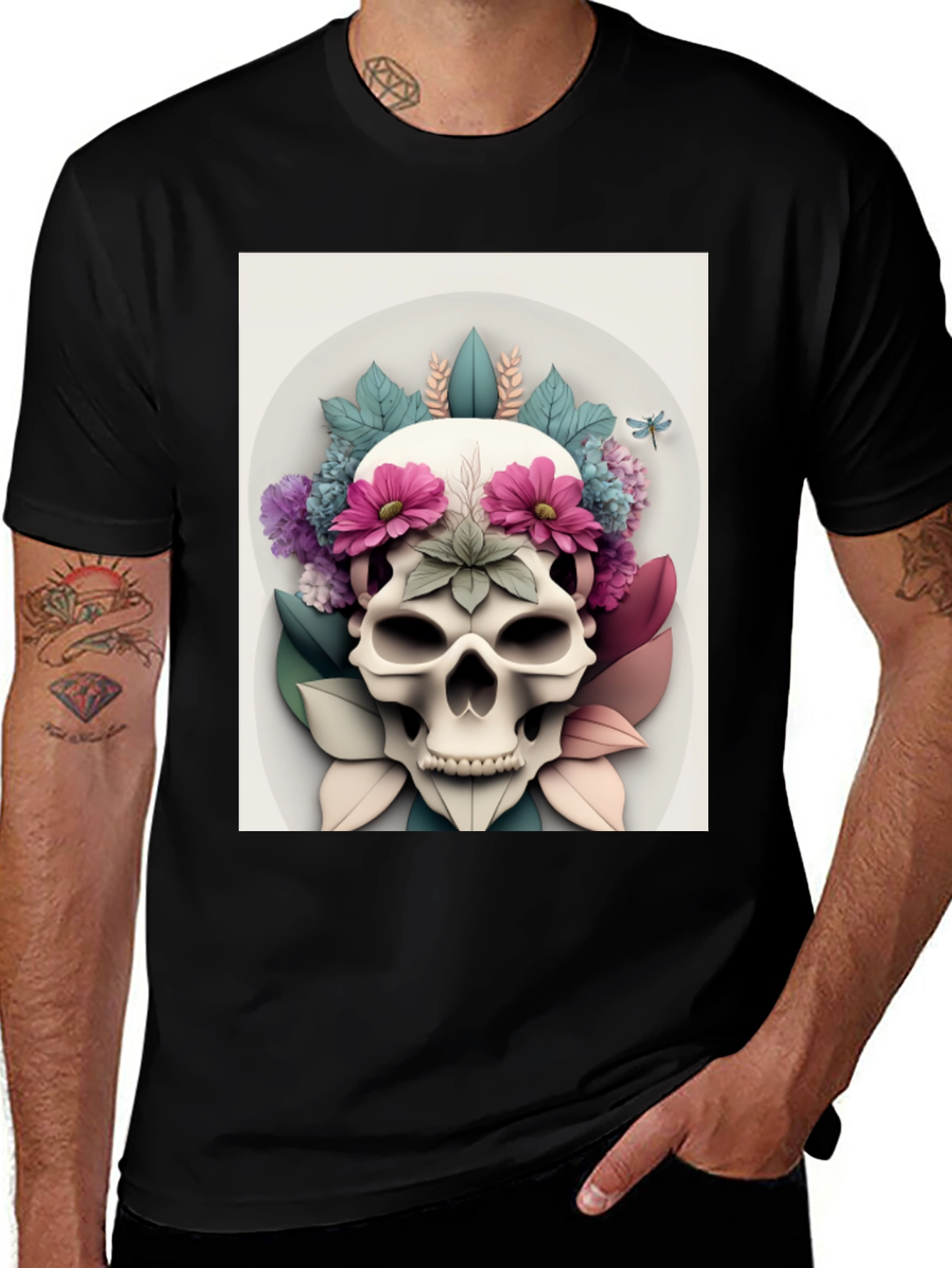 Variant 16 of Floral Skull Graphic Tee - Men's Black T-Shirt
