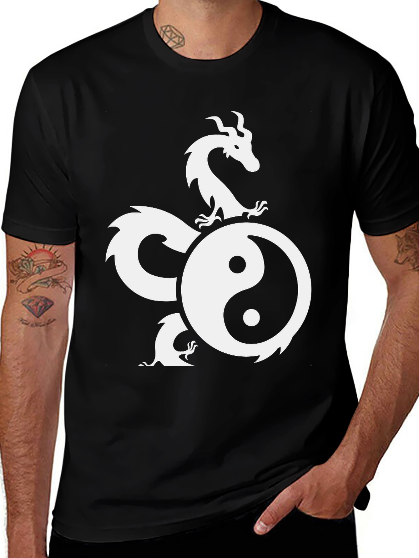 Yin Yang Dragon Graphic Black T-Shirt