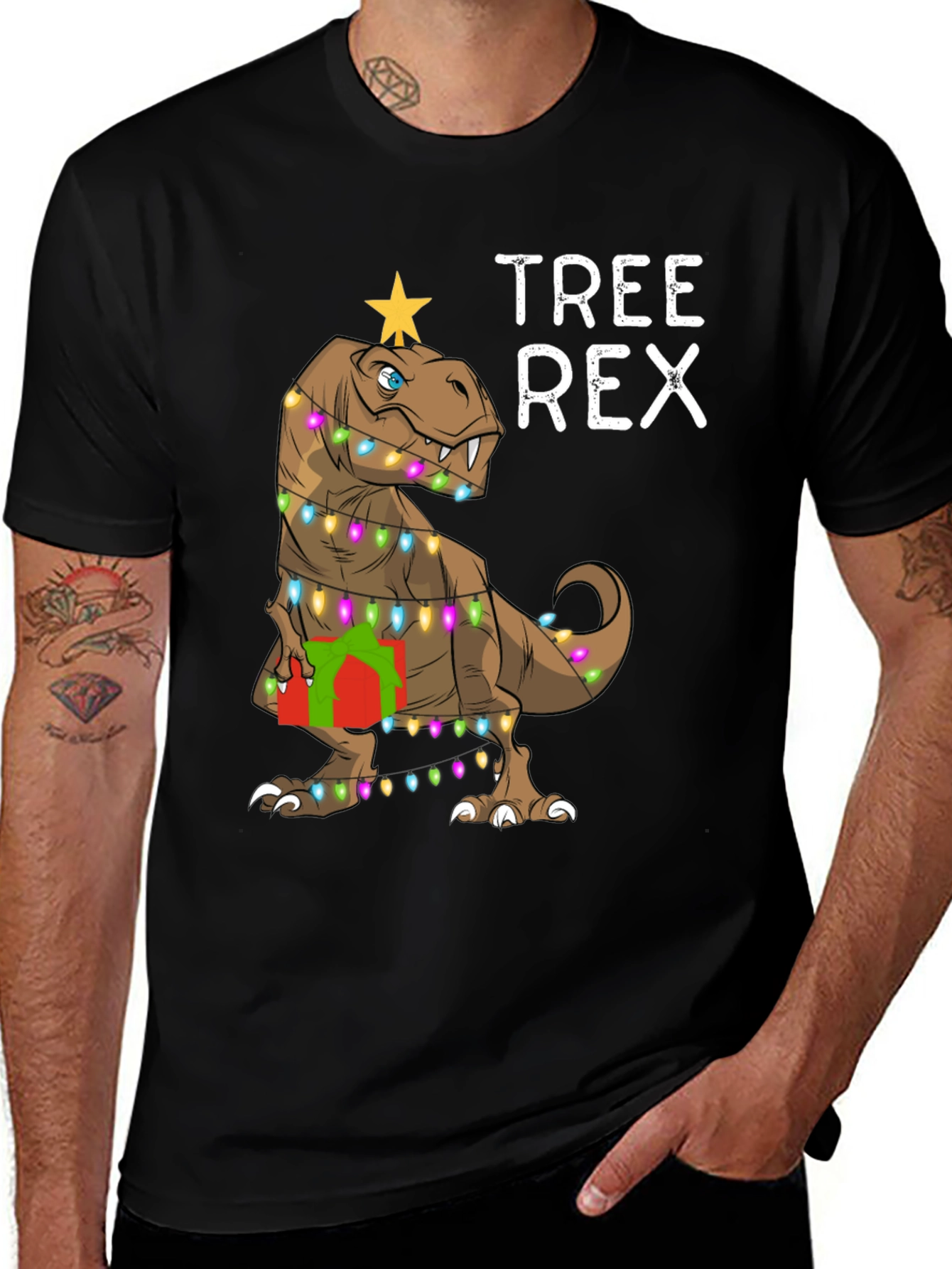 Christmas Tree Rex T-Shirt Dinosaur Lights Holiday Tee