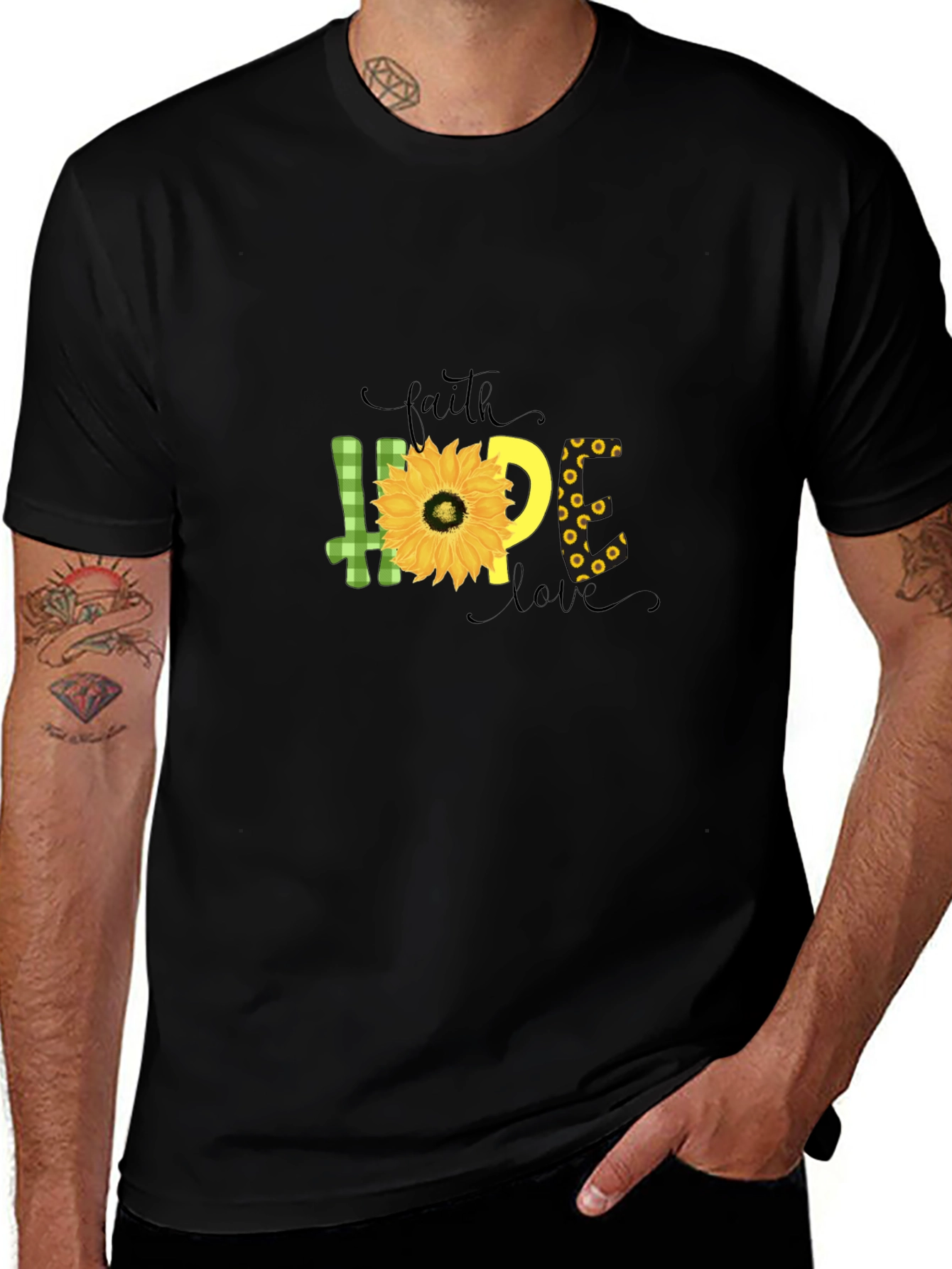 Variant 20 of Faith Hope Love Sunflower Graphic Black T-Shirt