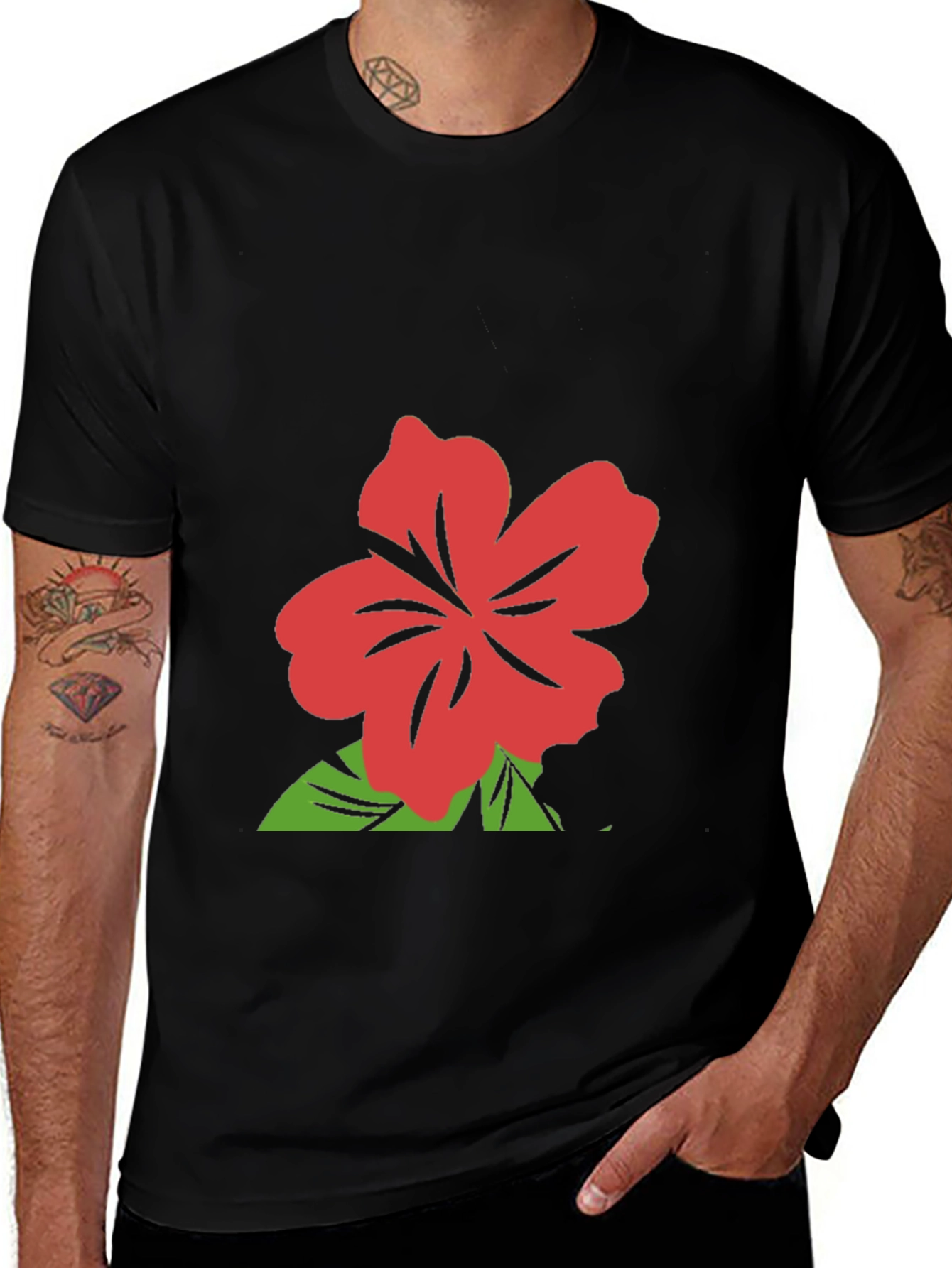Variant 21 of Black T-Shirt with Red Hibiscus Flower