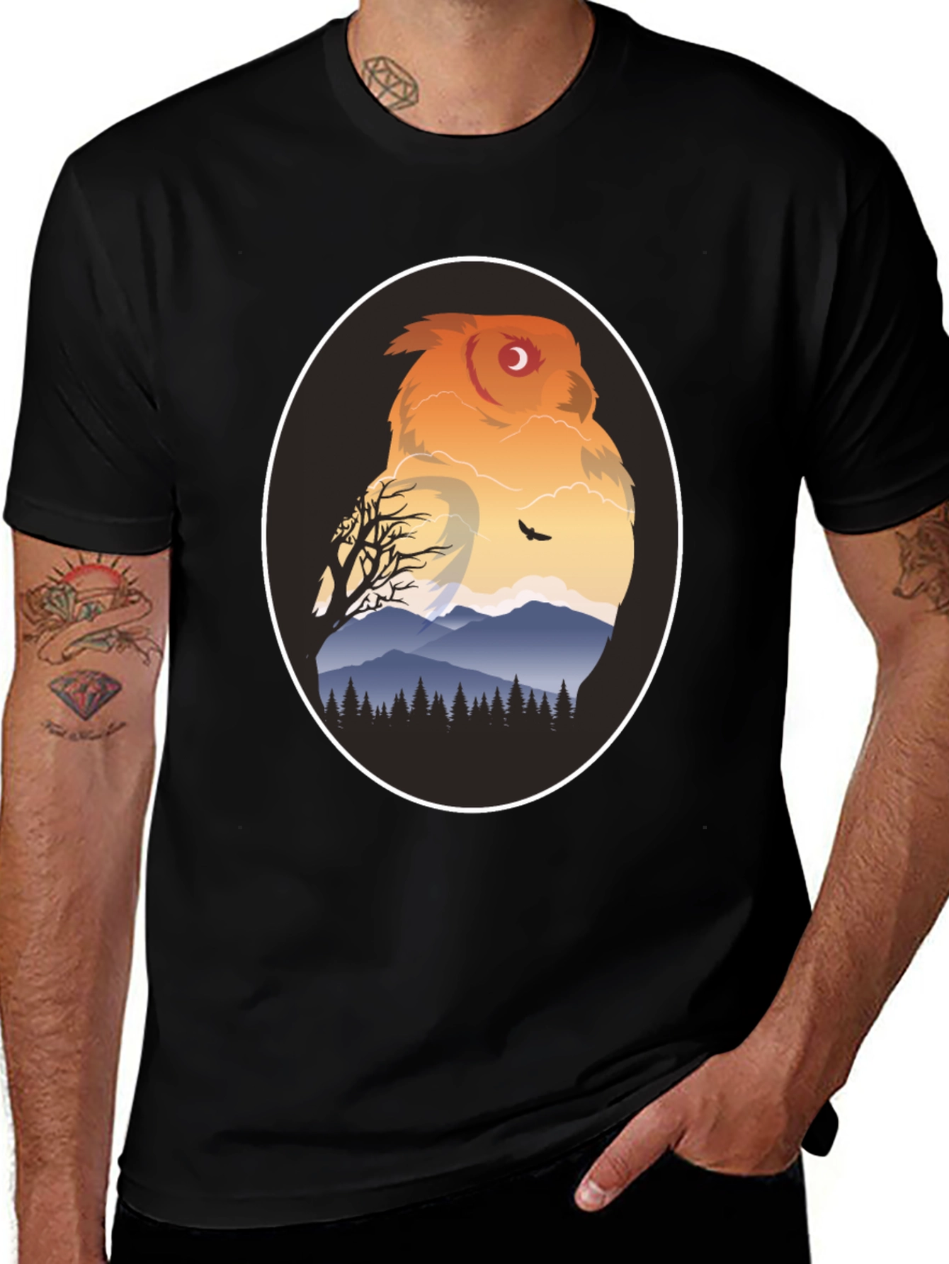 Variant 7 of Owl Mountain Graphic Tee - Nature Inspired Black T-Shirt