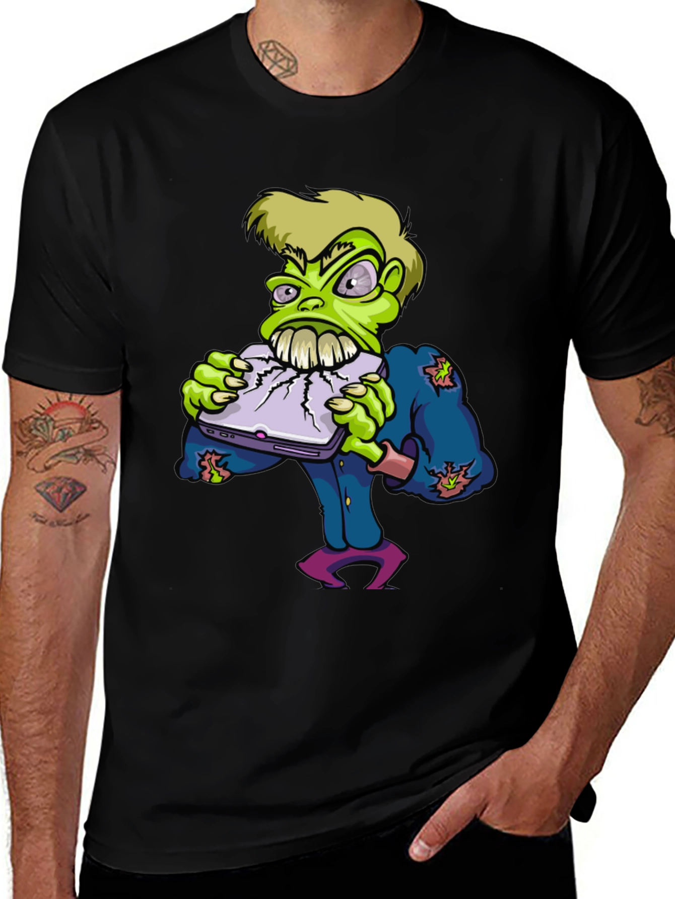 Variant 29 of Zombie Laptop Eater Graphic Tee - Black Cotton T-Shirt