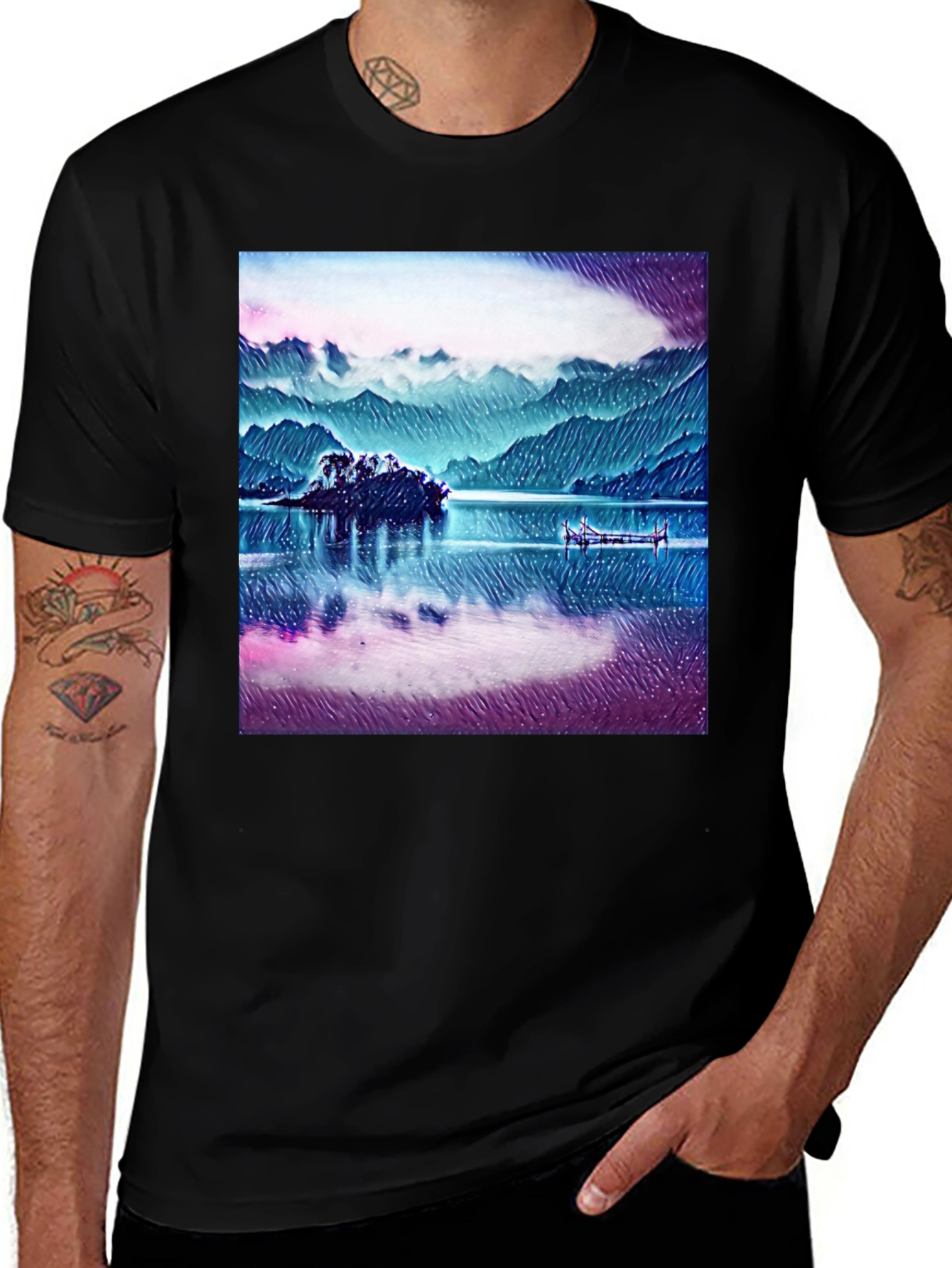 Variant 17 of Scenic Lake Graphic Tee - Relaxed Fit Black T-Shirt
