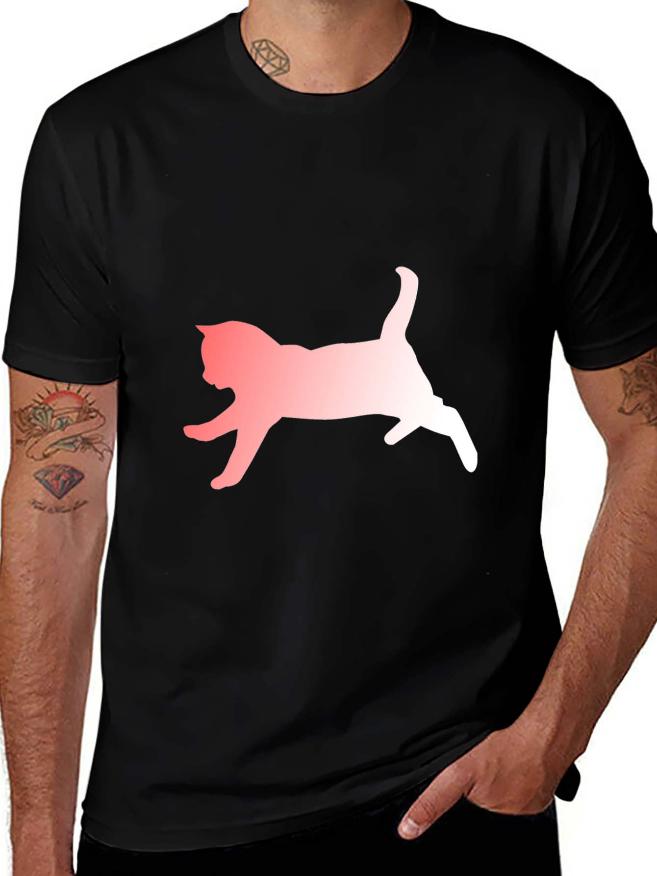 Variant 7 of Cat Silhouette Graphic Tee - Black Cotton Blend Casual T-Shirt