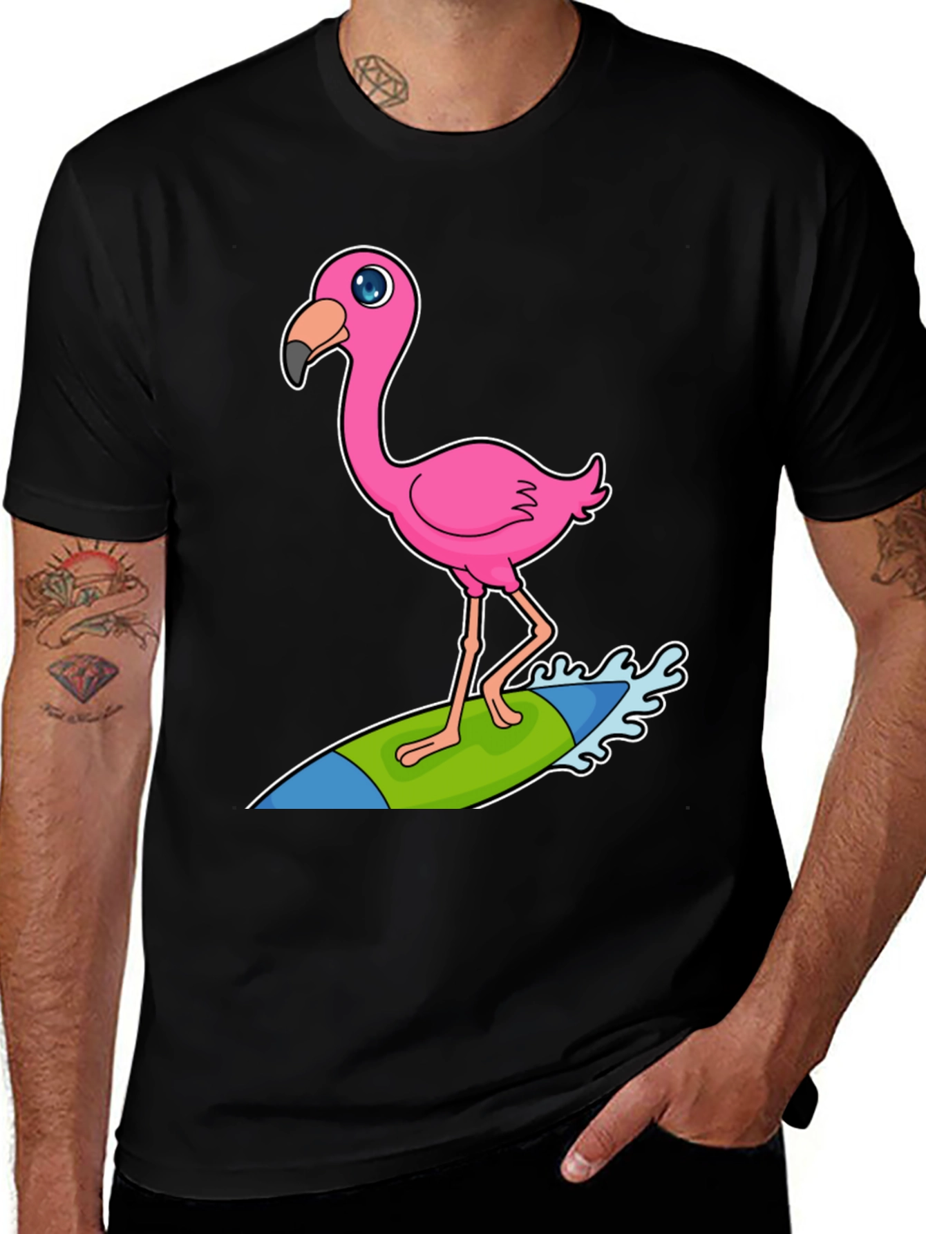 Variant 6 of Surfing Flamingo Graphic Tee - Black Cotton T-Shirt