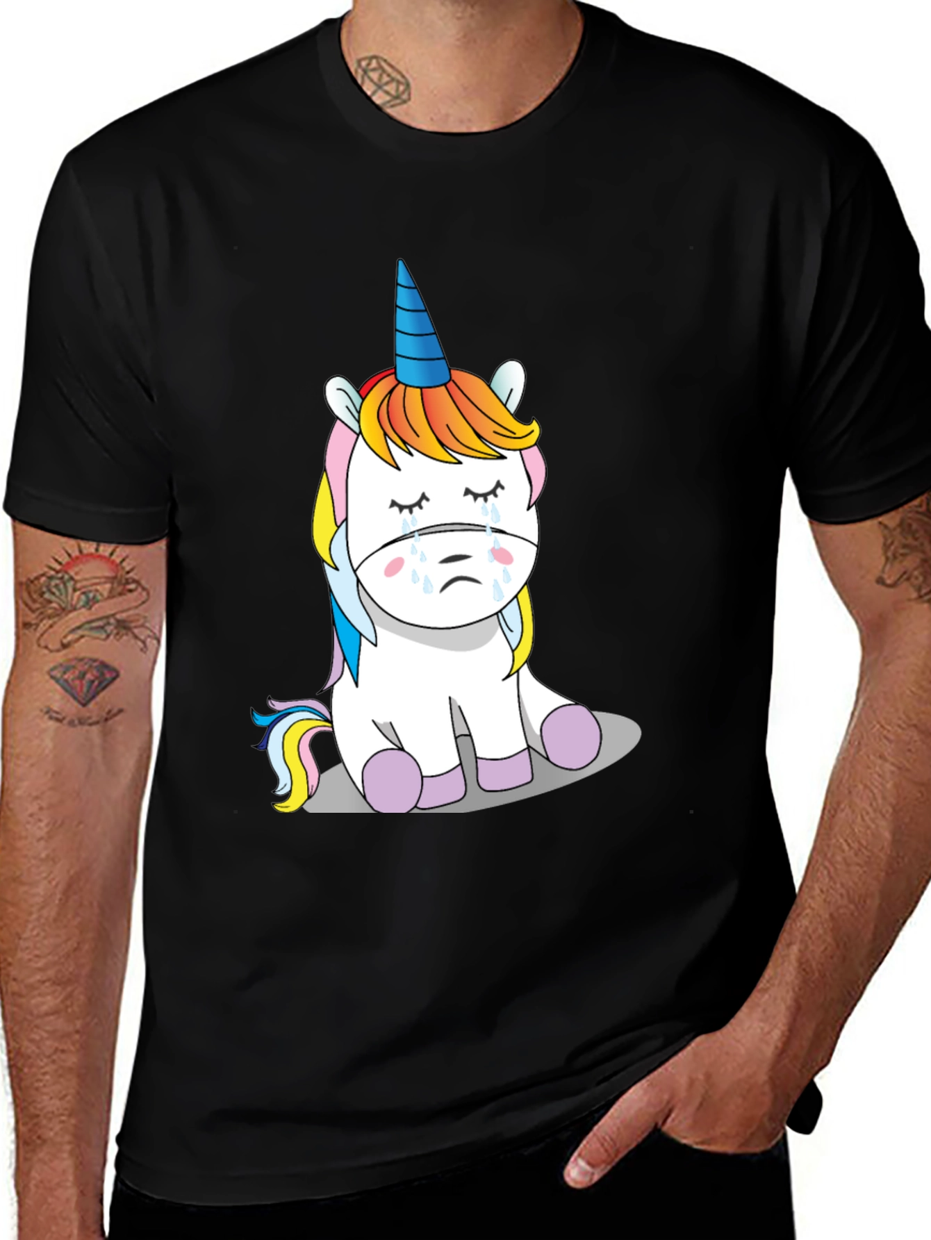 Variant 22 of Sad Unicorn Graphic T-Shirt - Men's Black Cotton Tee