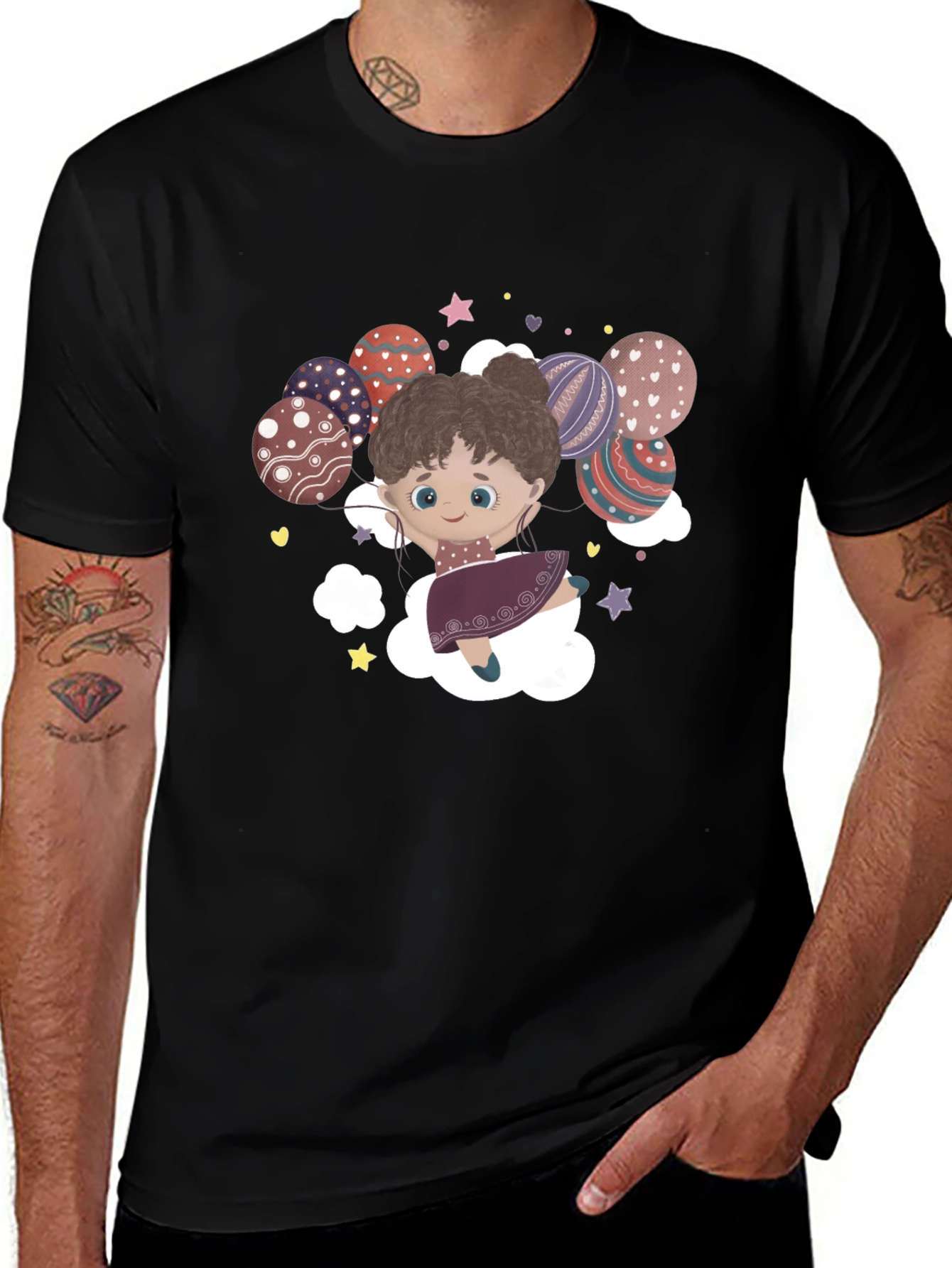 Girl with Easter Eggs on Black T-Shirt