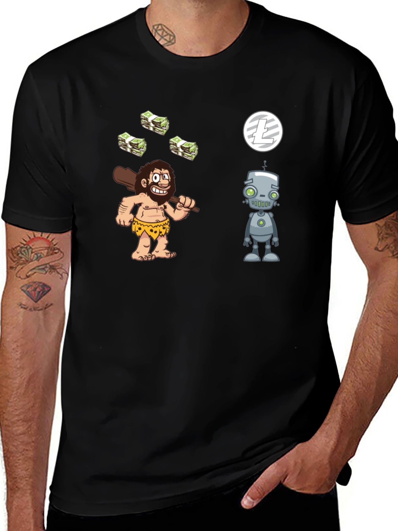 Variant 2 of Funny Caveman & Robot T-Shirt