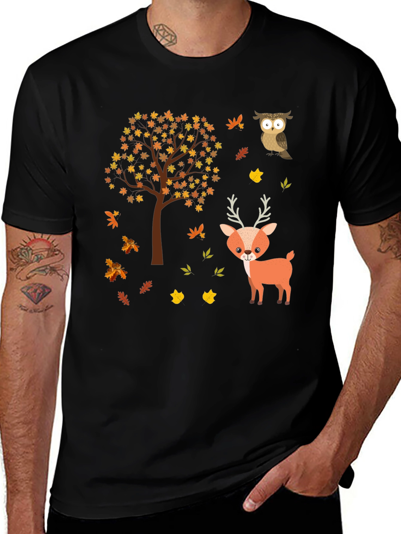 Variant 30 of Autumn Deer & Owl Graphic Tee - Black