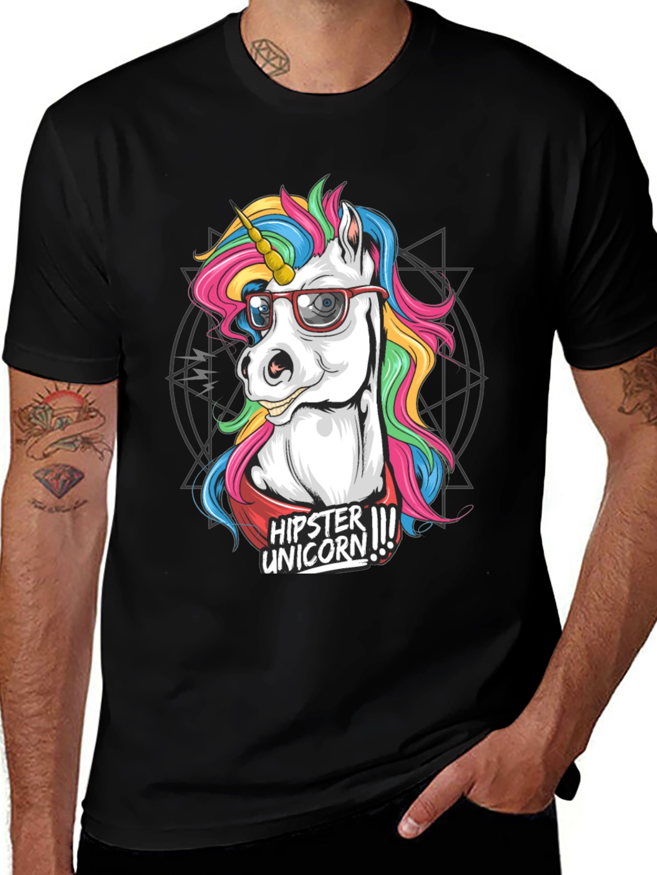 Variant 20 of Hipster Unicorn Graphic Tee - Men's Black T-Shirt