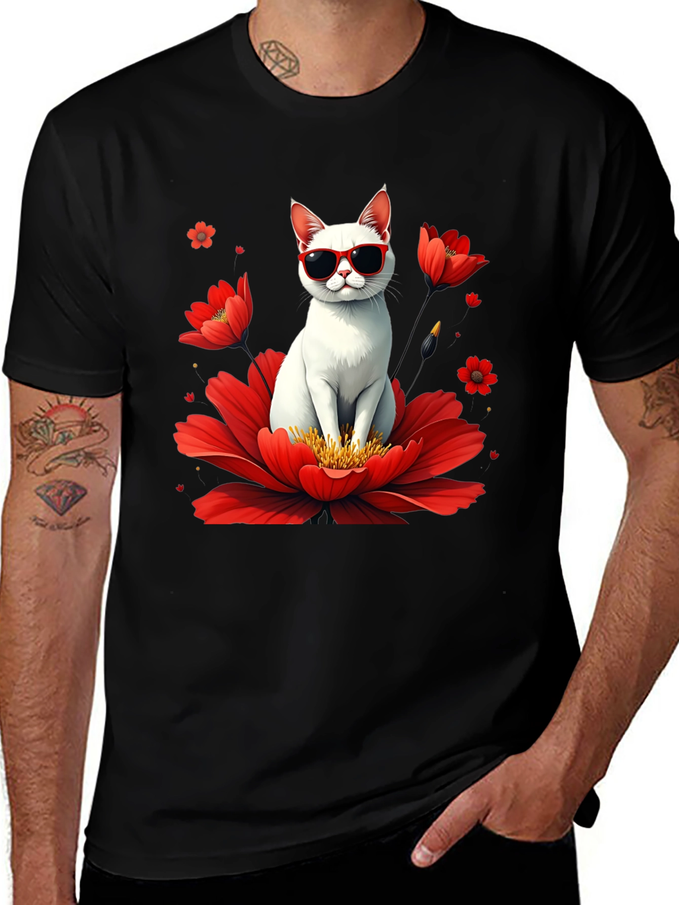 Variant 7 of Cool Cat in Flower T-Shirt - Stylish & Fun