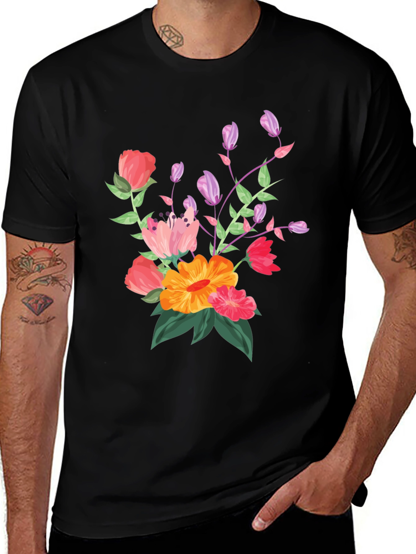 Variant 5 of Floral Print Black T-Shirt - Stylish Casual Wear