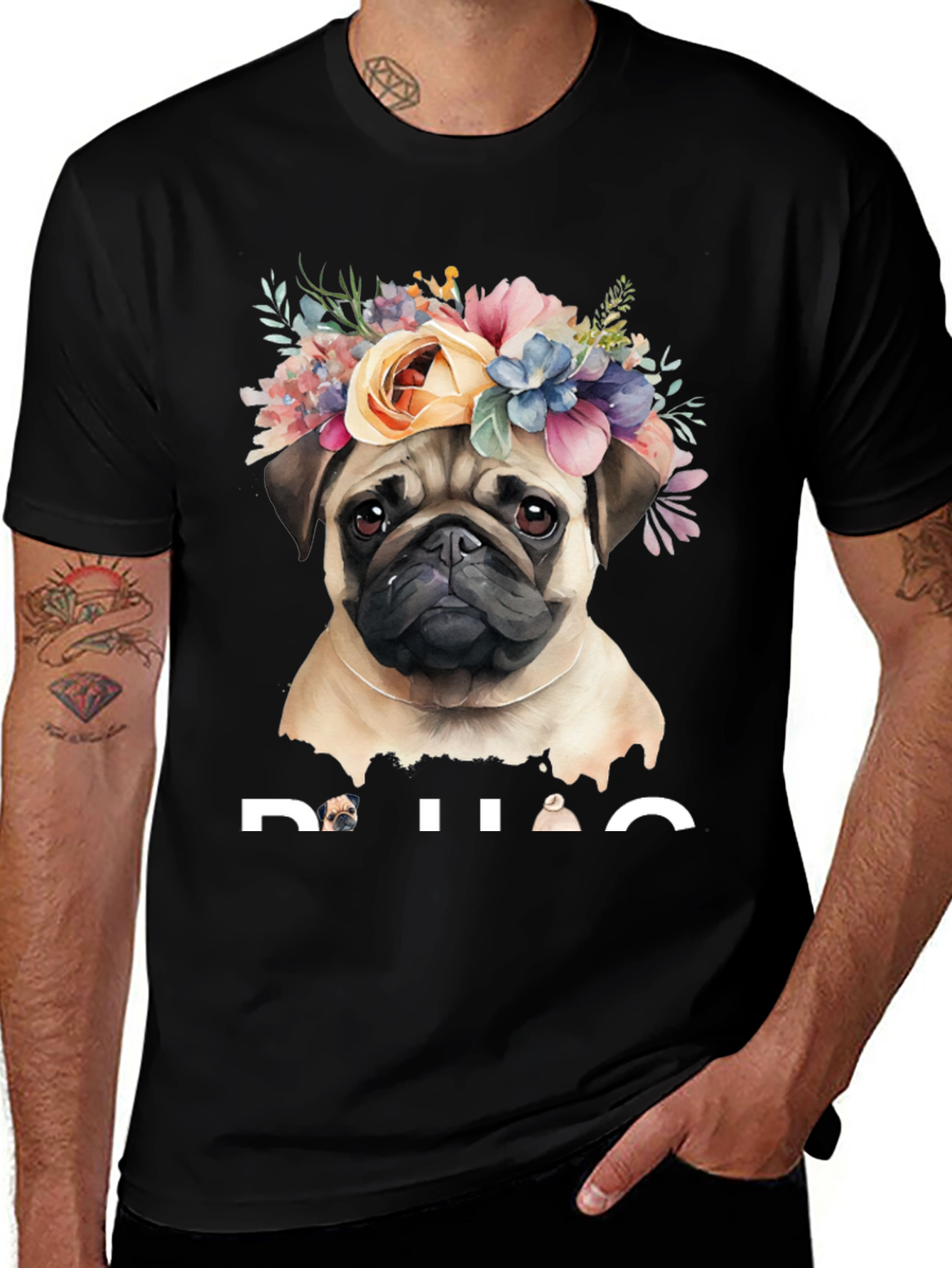 Variant 17 of Pug Floral Crown Graphic Tee - Black Cotton T-Shirt