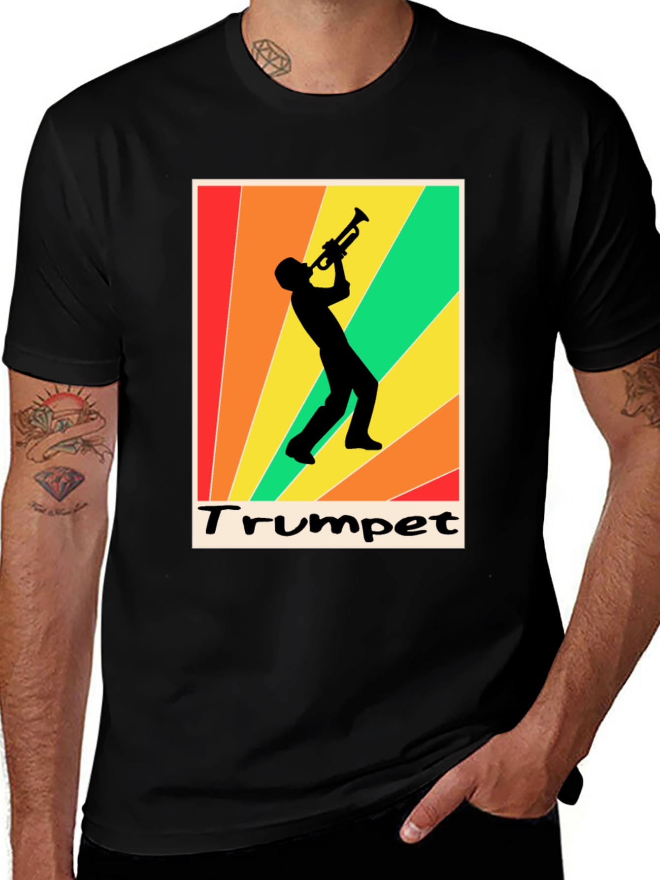 Variant 7 of Retro Trumpet Player Graphic Tee - Black Cotton T-Shirt