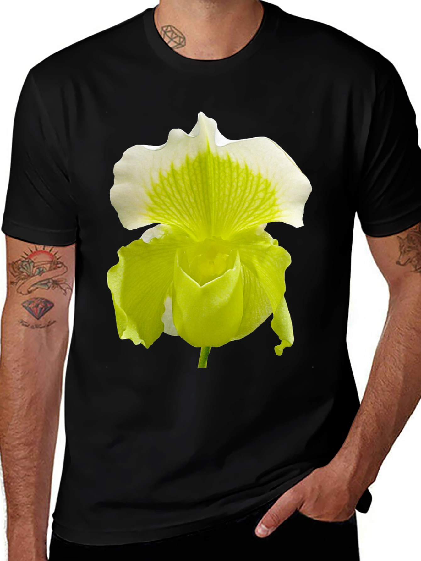 Variant 27 of Orchid Flower Graphic Tee - Black Cotton Blend