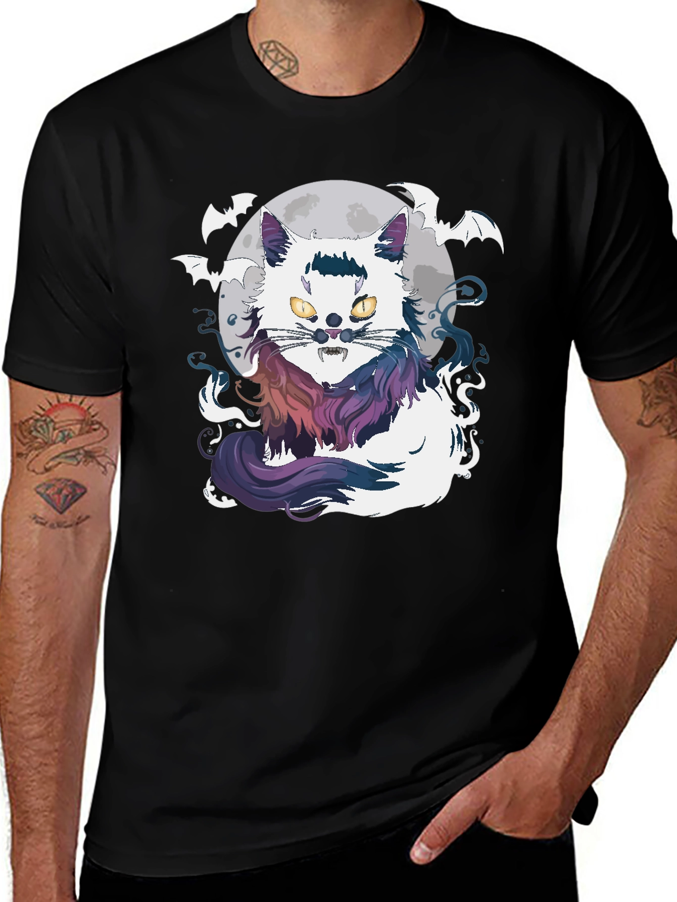 Variant 19 of Halloween Cat T-Shirt - Spooky Bat & Moon Design