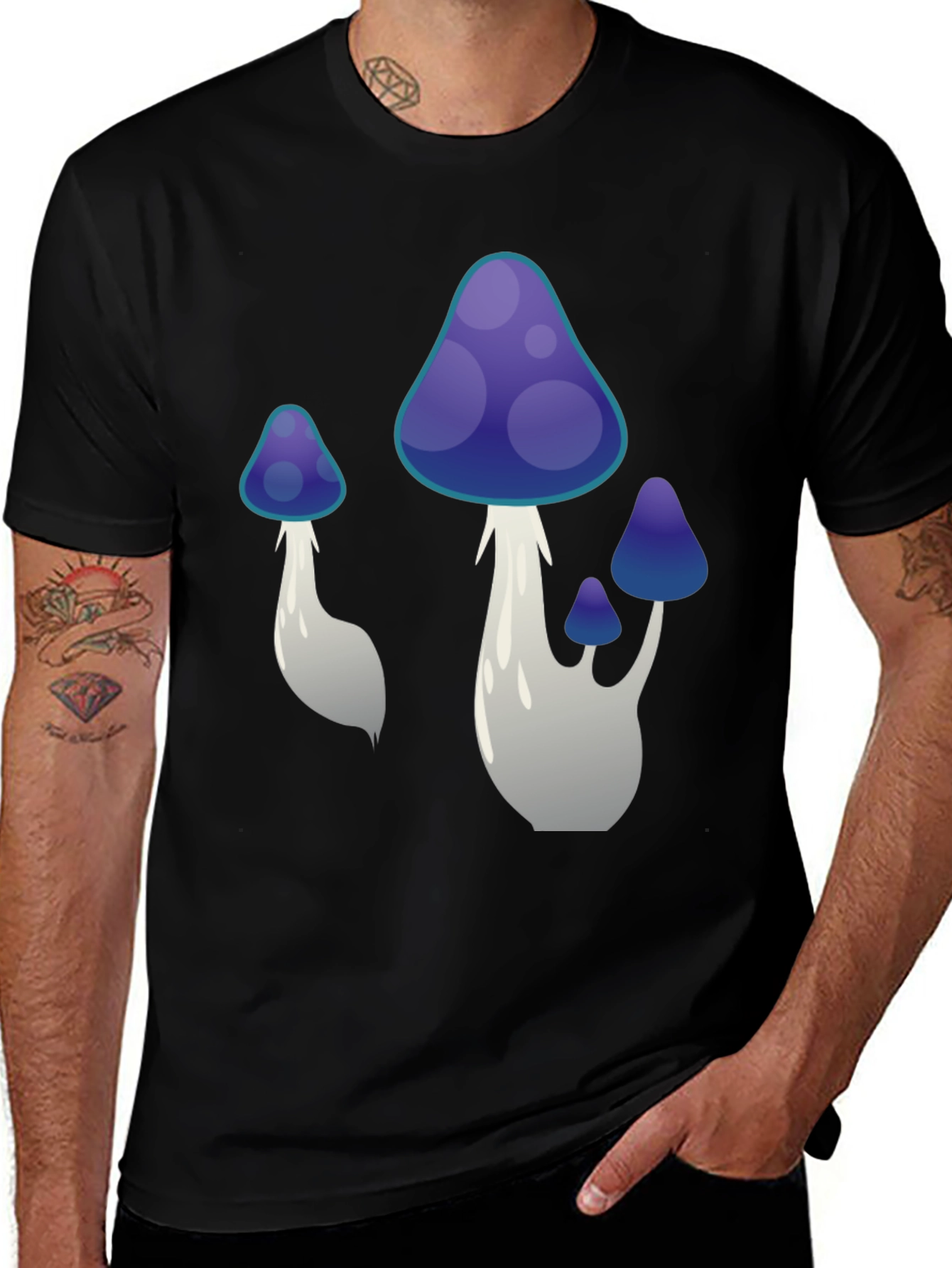 Variant 21 of Funky Mushroom Graphic Tee - Black Cotton T-Shirt