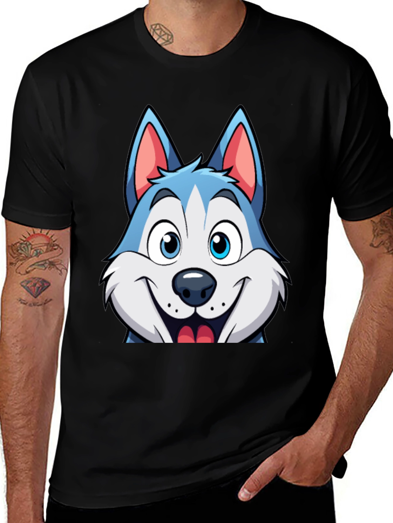 Variant 11 of Cartoon Husky Graphic Tee - Black Cotton T-Shirt