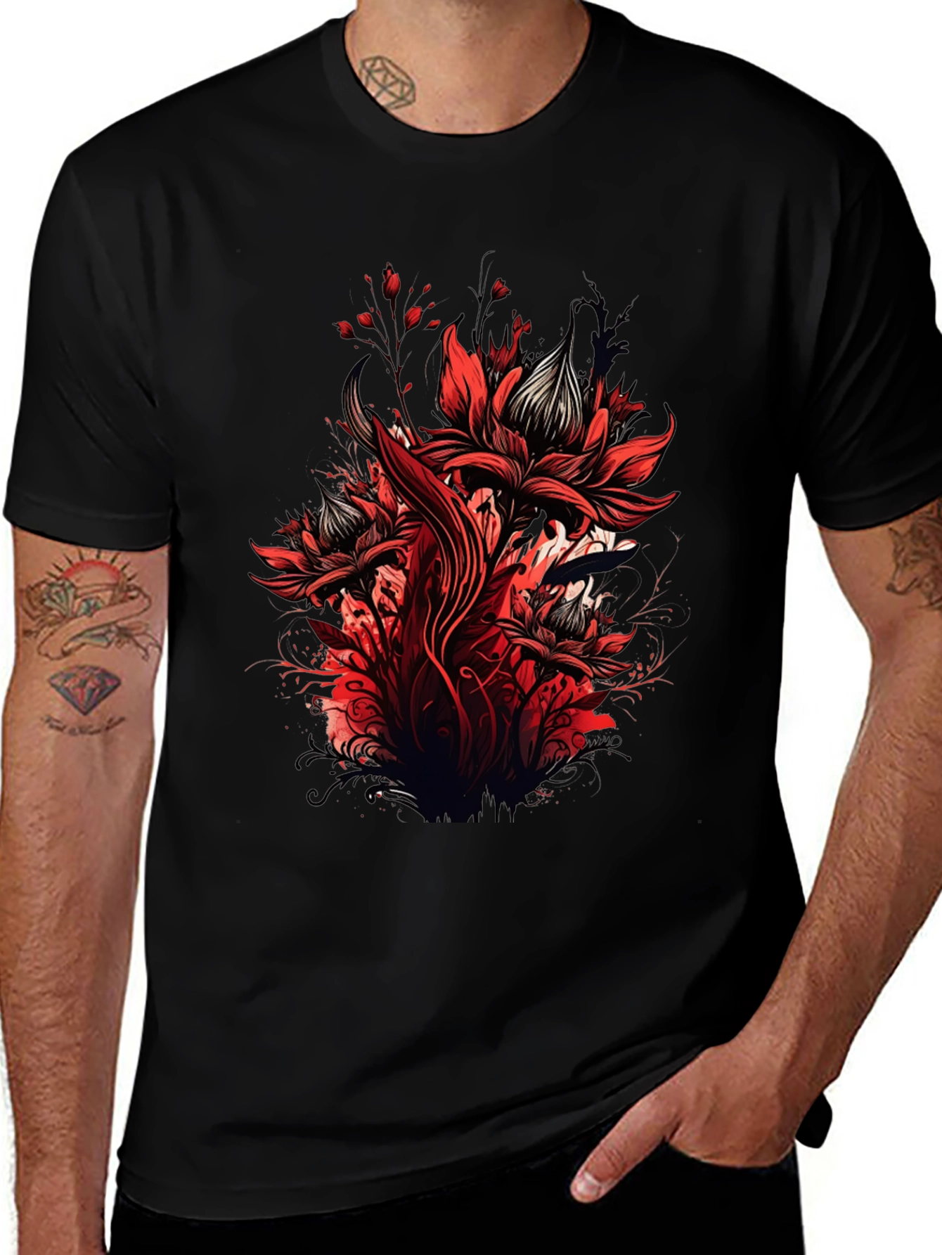 Variant 21 of Red Floral Graphic Tee - Men's Black T-Shirt