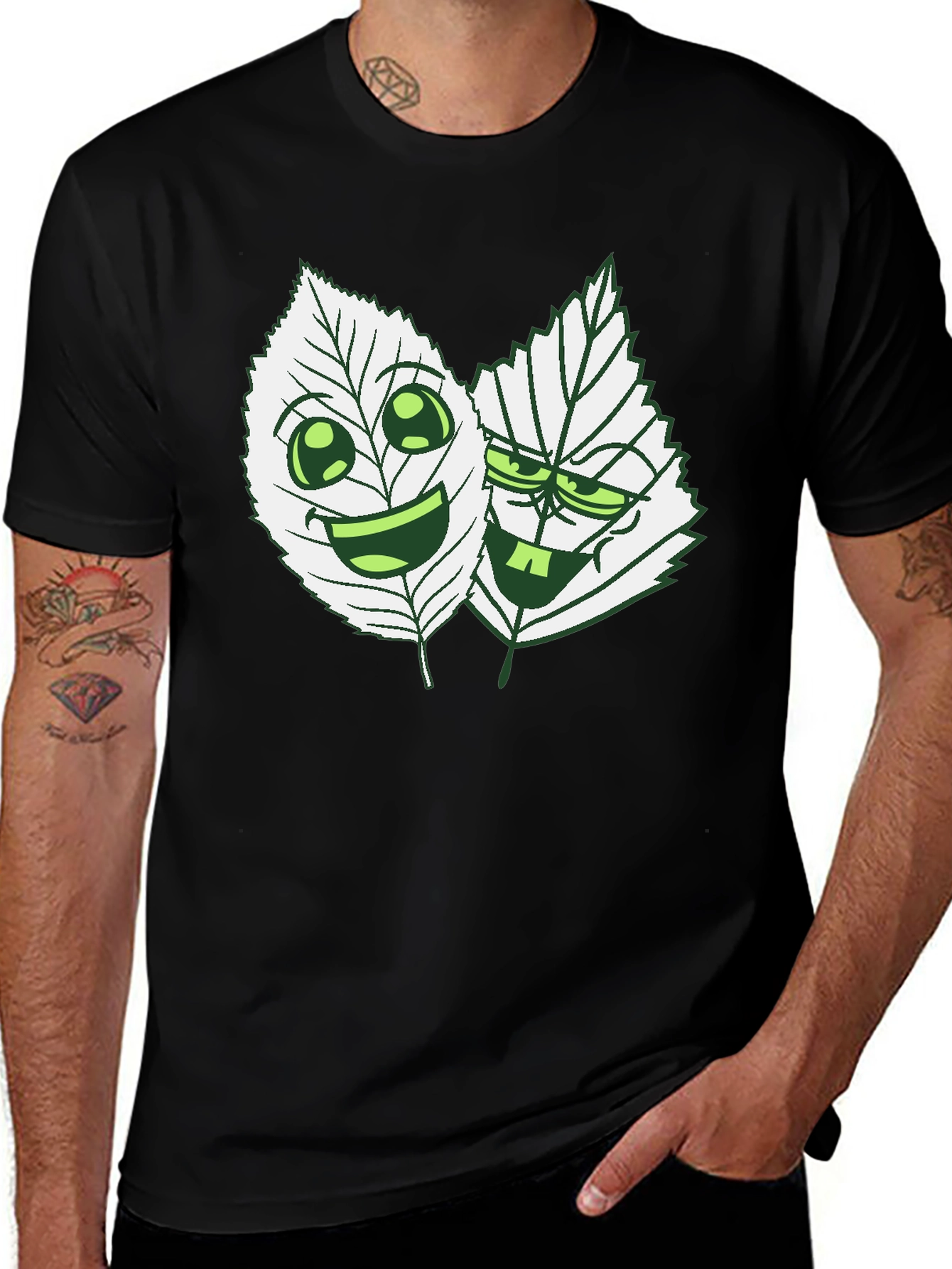 Variant 10 of Funny Leaf Cartoon Graphic Black T-Shirt