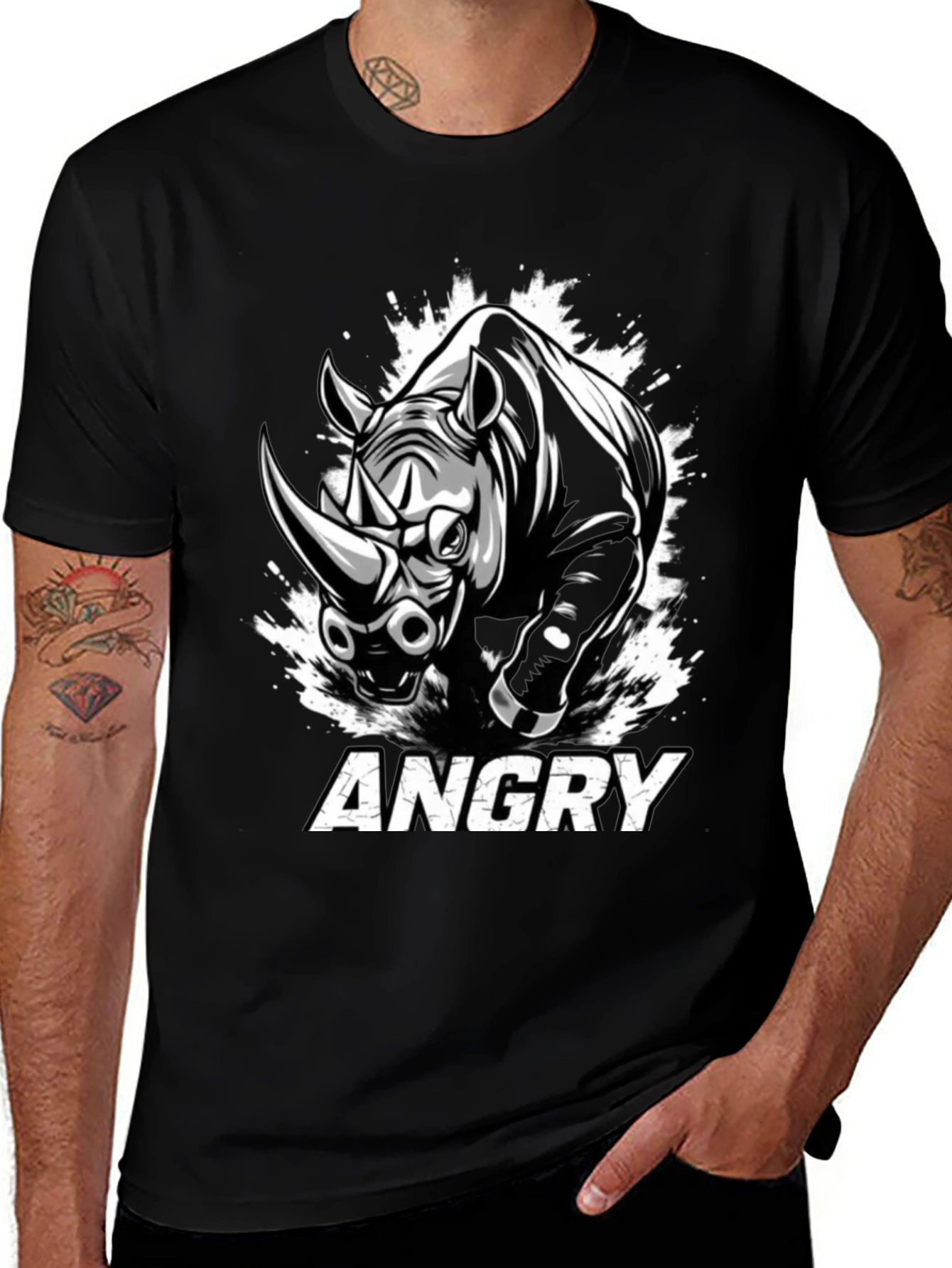 Variant 3 of Angry Rhino Graphic Tee - Men's Black Cotton T-Shirt