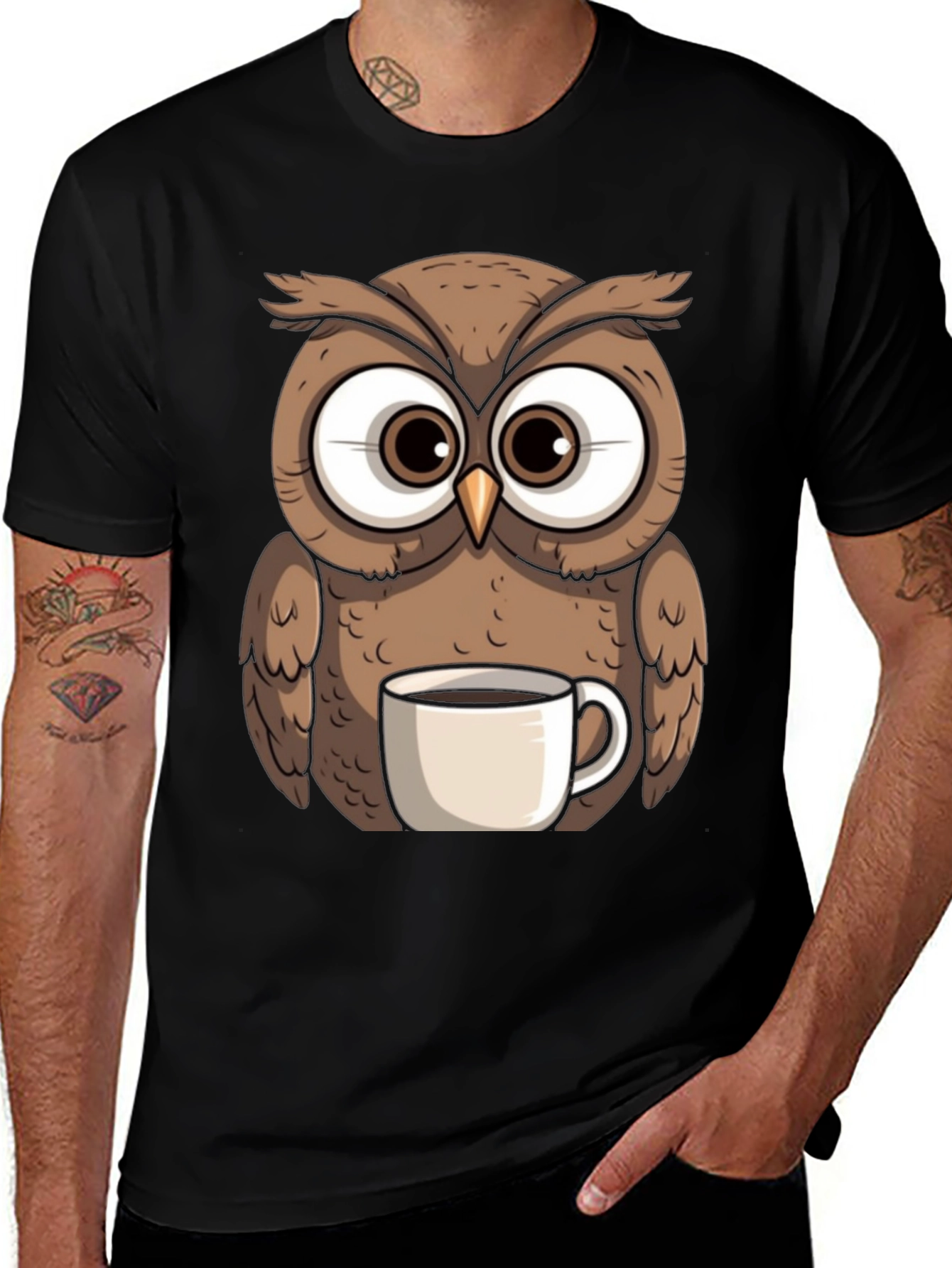 Variant 27 of Owl with Coffee Mug Graphic Tee